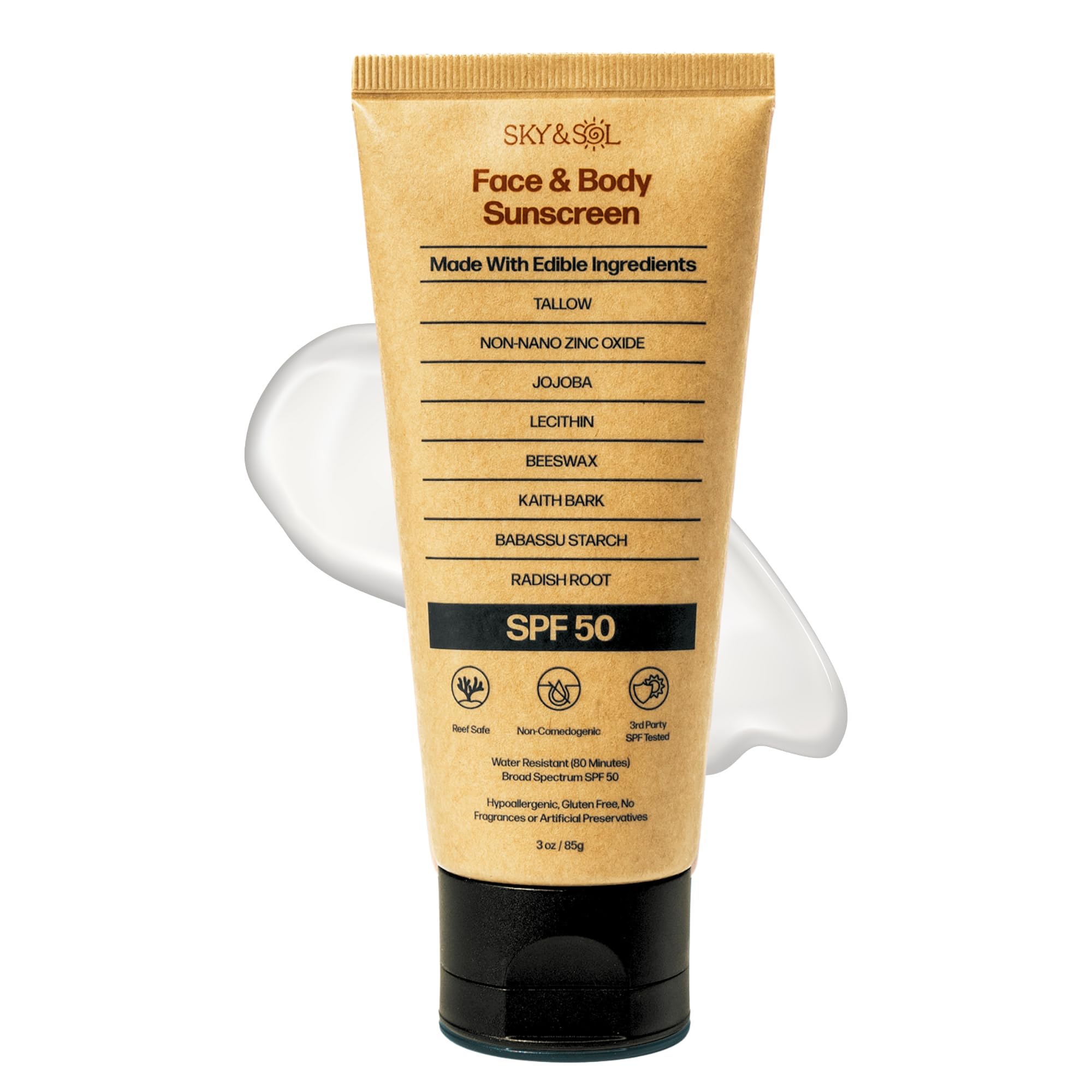 اسمان و خورشید کرم ضدآفتاب معدنی طبیعی SPF 50 حجم 3 اونس: گوشت سفید طبیعی و اکسید روی، ایمن برای ریف، مقاوم در برابر آب، بدون عطر، فرمول ضد چربی برای صورت و بدن