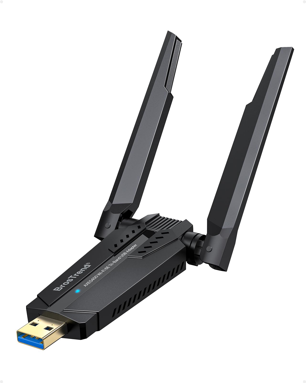 آداپتور USB WiFi 6E BrosTrend AXE5400، آداپتور WiFi بلند برد برای رایانه شخصی، لپ تاپ، دسکتاپ، فرکانس‌ باند سه‌گانه 6 گیگاهرتز 2402 مگابیت بر ثانیه + 5 گیگاهرتز 2402 مگابیت بر ثانیه + 2.4 گیگاهرتز 574 مگابیت بر ثانیه، دانگل بی‌سیم 6 وایرلس برای ویندوز 11/10