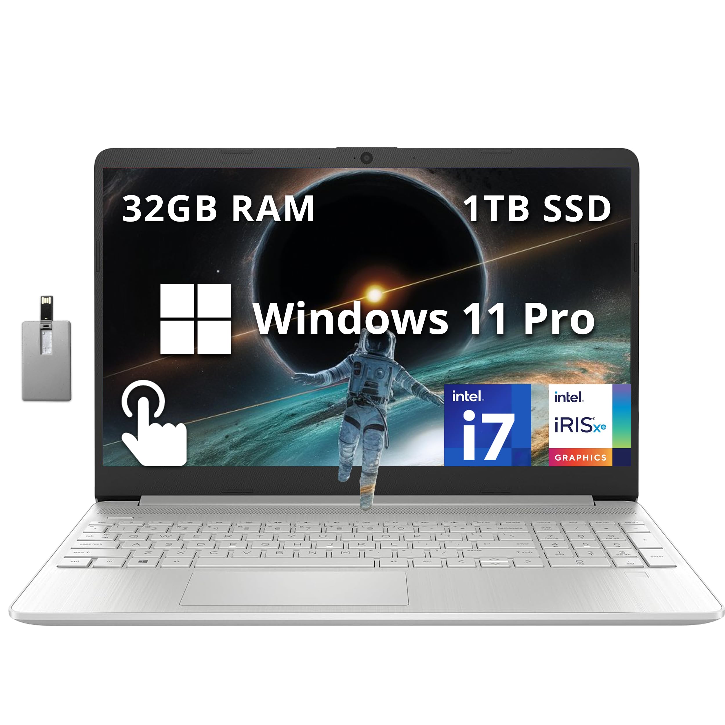 لپ تاپ تجاری لمسی اچ‌پی اینچ 15.6 با رزولوشن تصویر فول اچ‌دی، Intel i7-1255U، 32 گیگابایت رم، 1 ترابایت حافظه جامعه‌پذیر اس‌اس‌دی، گرافیک Intel Iris Xe، پد عددی، وب‌کم، ویندوز ۱۱ پرو، نقره‌ای طبیعی، کارت USB Hotface ۳۲ گیگابایت | ۱ ترابایت PCIe SSD