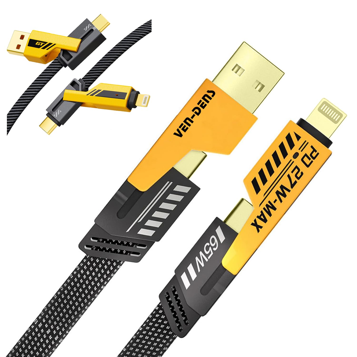 کابل USB C سوپر سریع 65 وات 4 در 1 واون-دنس، طلایی پوشش طلایی 27 وات USB C به کابل لایتنینگ، سازگار با مک بوک پرو، تینک‌پد، آیفون سری 12 تا 15 و سامسونگ S22 تا S24 اولترا S23【1.2 متر】