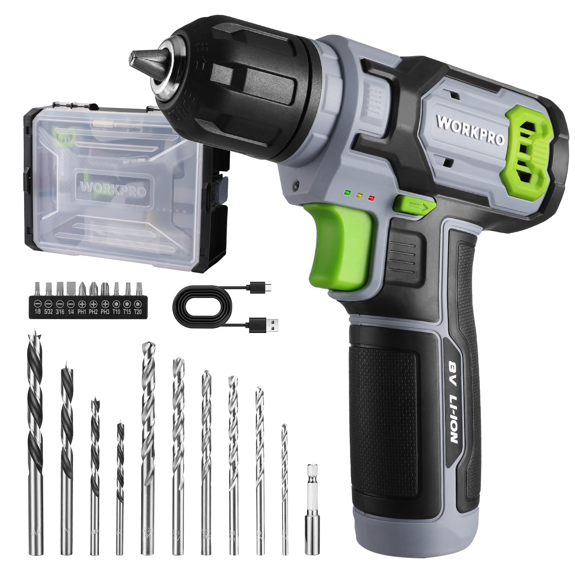 مجموعه چرخ دنده بی‌سیم WORKPRO 8 ولت، مته برقی بی‌سیم 3/8 اینچی، با کلاچ بدون کلید، حداکثر گشتاور 12 نیوتن.متر، باتری 2 آمپرساعت با 21 قطعه لوازم جانبی و جعبه تک لایه‌ای نگهداری و حمل، ایده‌آل برای پروژه‌های خانگی DIY رنگ خاکستری