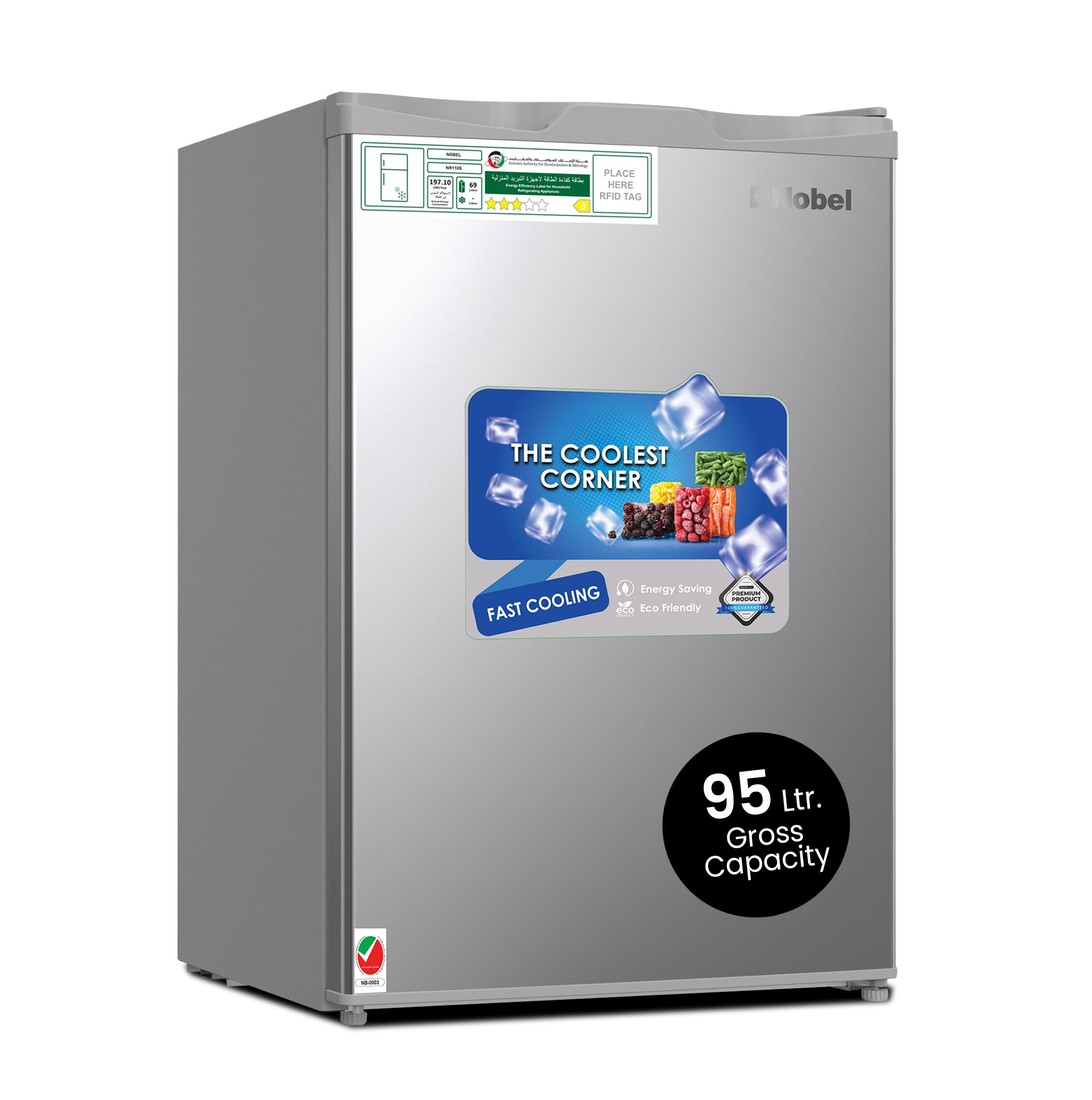 یخچال ظرفیت 95 لیتر خالی / 69 لیتر نخ Net، کنترل مکانیکی، مبرد R600a، سطح صدا 40 دسی‌بل، نور داخلی، پای قابل تنظیم، قفسه فلزی، دیفراست NR110S نقره‌ای