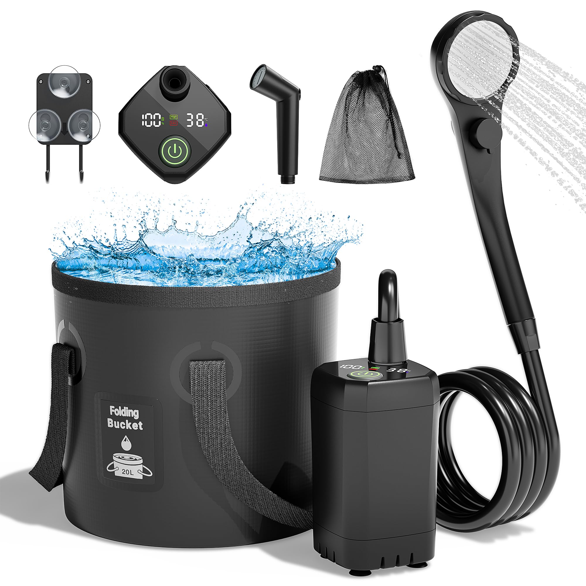 شاور قابل حمل کمپینگ, پمپ برقی قابل شارژ 6000mAh و سطل جمع شدنی 5 گالن, نمایشگر LED, حالت‌های اسپری متعدد, شاور قابل حمل برای کمپینگ و پیاده‌راهی در فضای باز, رنگ سیاه