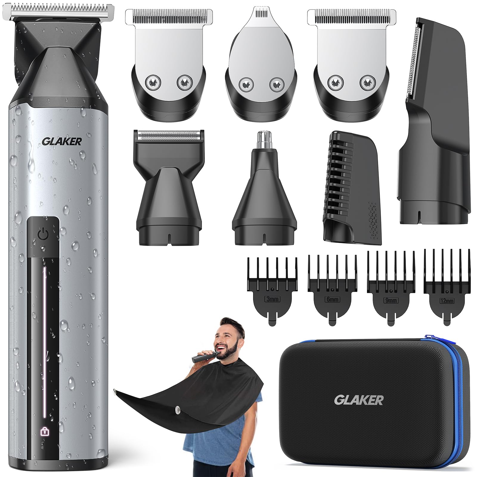 مجموعه مراقبت از ریش GLAKER - همه در یک کیت برای کات کردن موها، تیغ اصلاح الکترونیک، کیت حرفه ای آرایشگر، تیغ خرده بره مردانه، تراش موی بدن بی‌سیم، تراش موی بینی شارژی، تراش مو برقی مردانه نقره‌ای
