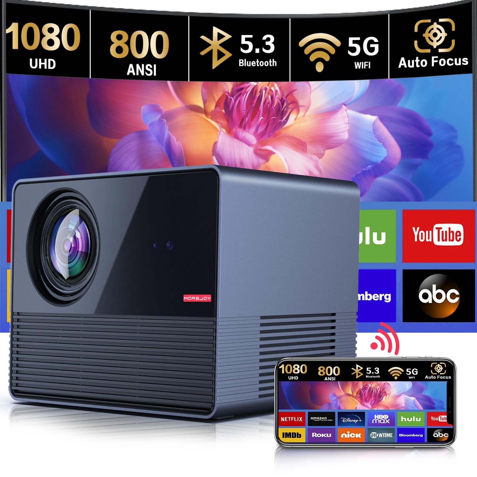 پروژکتور FHD 1080P با قابلیت فوکوس خودکار و پشتیبانی 4K، ANSI 800 لومن، وای فای 5G، بلوتوث، قابلیت بیرونی کردن واقعیت مجازی، سینمای خانگی هوشمند، بازی های ورزشی، کارائوکه، بلندگوی 20 وات با بیس قوی، بزرگنمایی زوم، سازگار با iOS و اندروید برای ورودی کست.