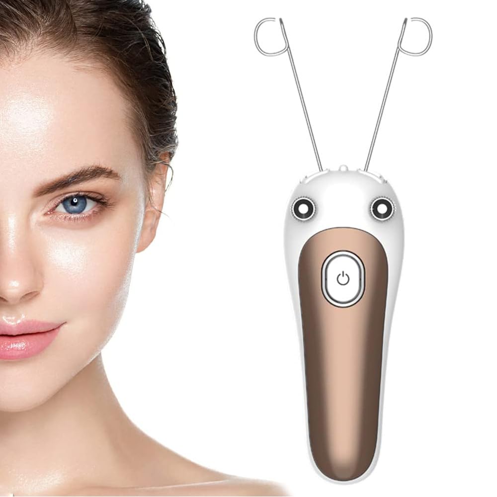 زنانه Facial Hair Remover از MAKINGTEC، دستگاه بی‌سیم تراش موی صورت الکتریکی، باطری قابل شارژ مواجه موی صورت با نخ همراه با پنبه، دستگاه Epilator با قابلیت استفاده بخاطر گیری بر روی صورت (طلایی)