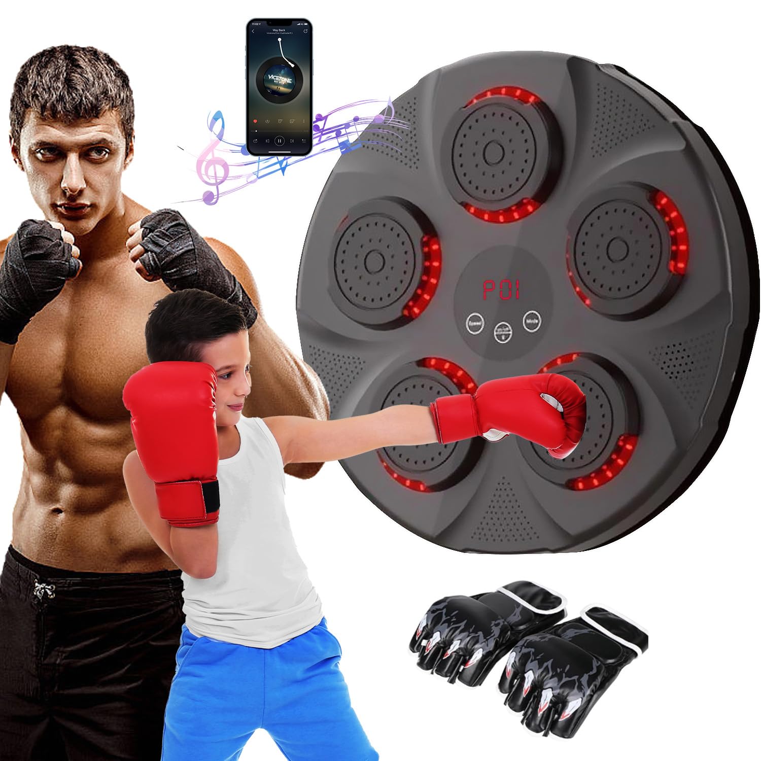 دستگاه باکس ورزشی موزیک WISHSKY به همراه دستکش باکس، تجهیزات باکس ورزشی هوشمند بلوتوث، دیوار نصب شده آموزش هدف گیری باکسینگ برای بزرگسالان، کودکان، خانه، داخلی، تمرین و باشگاه - سیاه