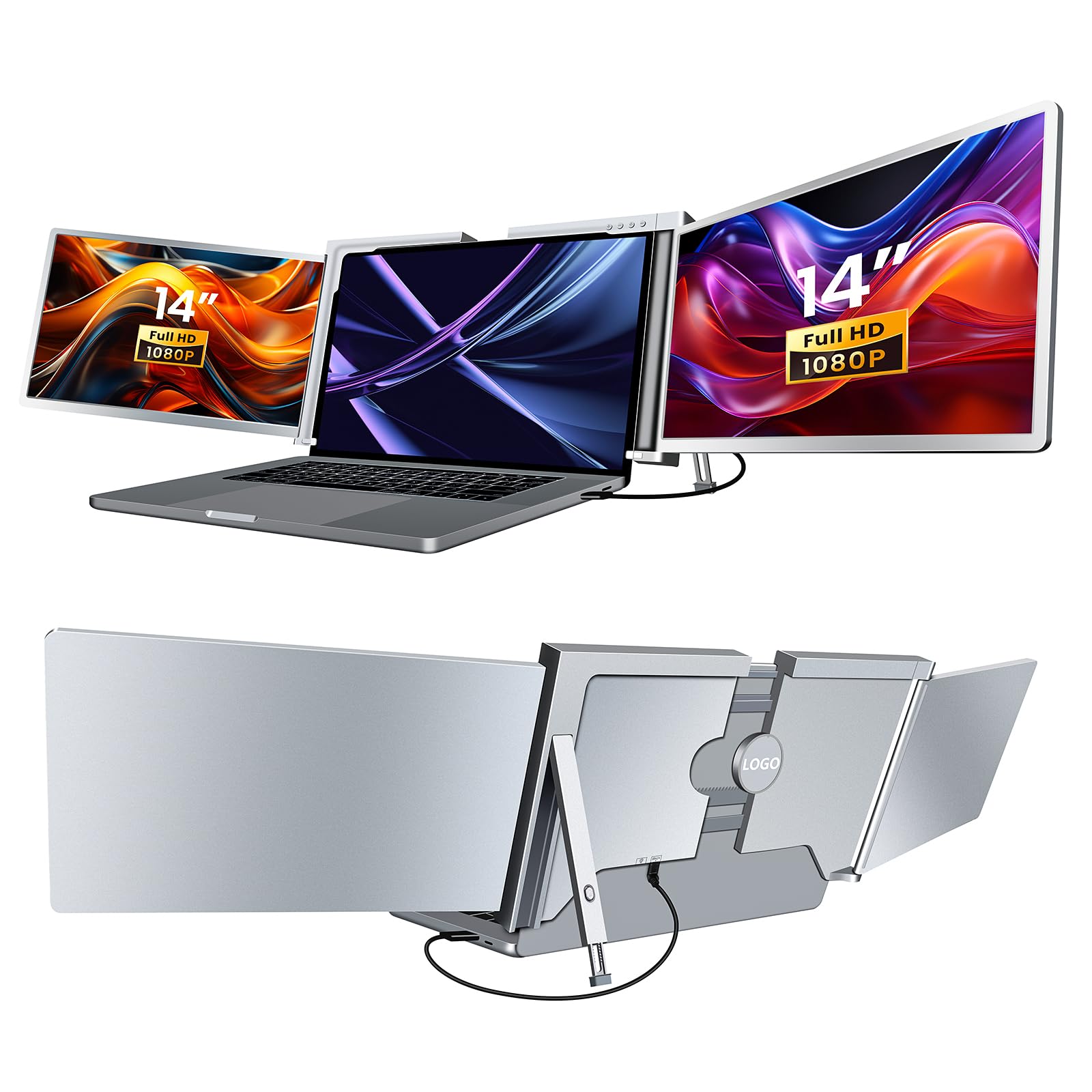 افزاینده صفحه نمایش سه گانه RayCue، [تنها 1 کابل برای اتصال]، 14 اینچ FHD 1080P 16:10 افزاینده صفحه نمایش لپ تاپ USB-C برای ویندوز و مک‌اواس، پلاگ اند پلی برای لپ تاپ‌های Type-C/USB-A 13-17.3 اینچ