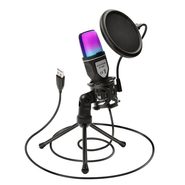 میکروفون USB، میکروفون کامپیوتر کاندنسر با RGB روشنایی، استند تریپاد قابل تنظیم و فیلتر پاپ برای ضبط صدا و پادکست سازی صوتی، استریمینگ زنده، سازگار با کامپیوتر، کامپیوتر شخصی، لپتاپ و دسکتاپ