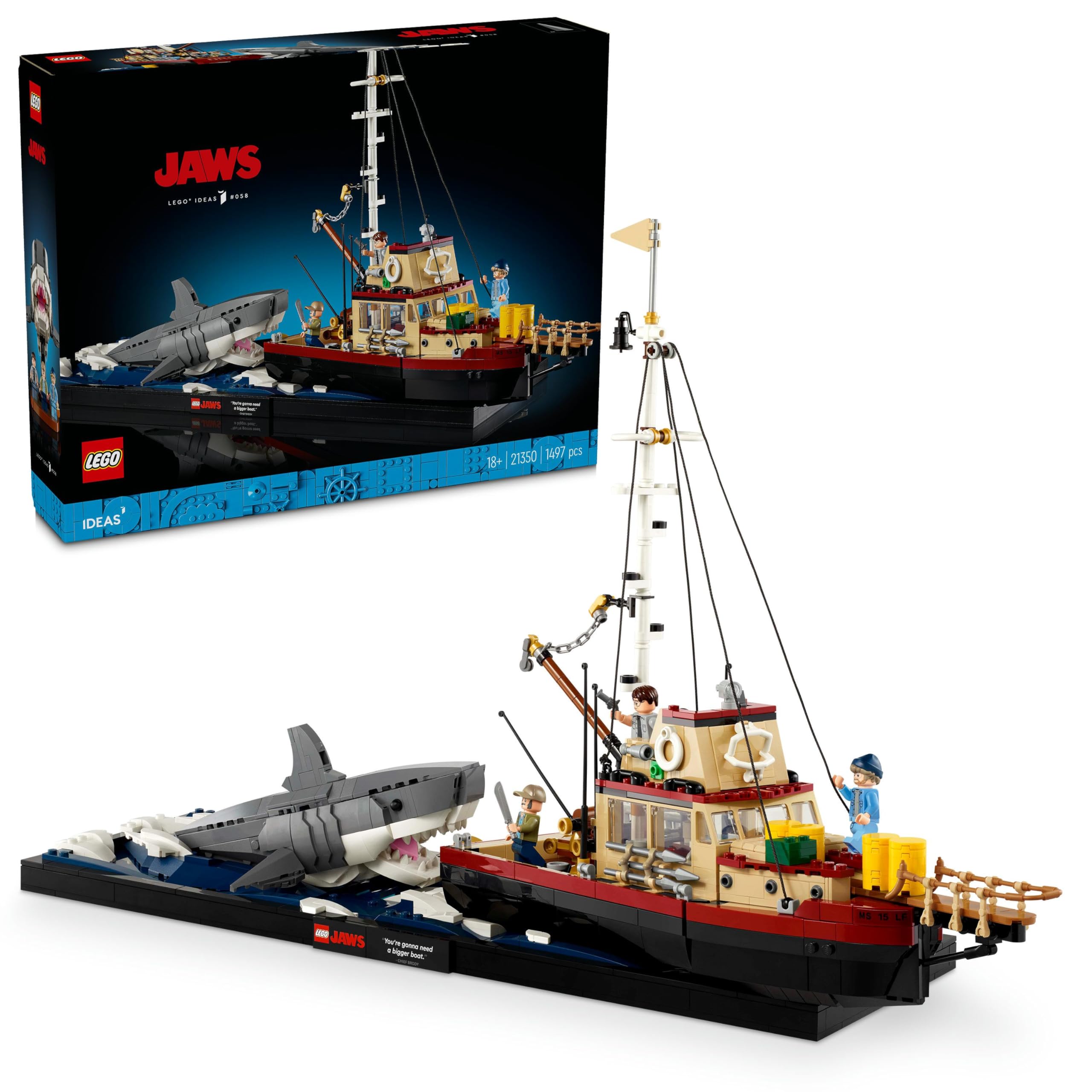 مجموعه ساخت جاهای ایده‌های لگو (LEGO Ideas)، مجموعه ساخت مدل دیوراما برای بزرگسالان، شامل کوسه و قایق اورکا، همراه با فیگورهای کوچولوی شیف برادی، هوپر و کوینت، هدیه عروسک های فیلمی برای مردان، زنان، او یا او

21350