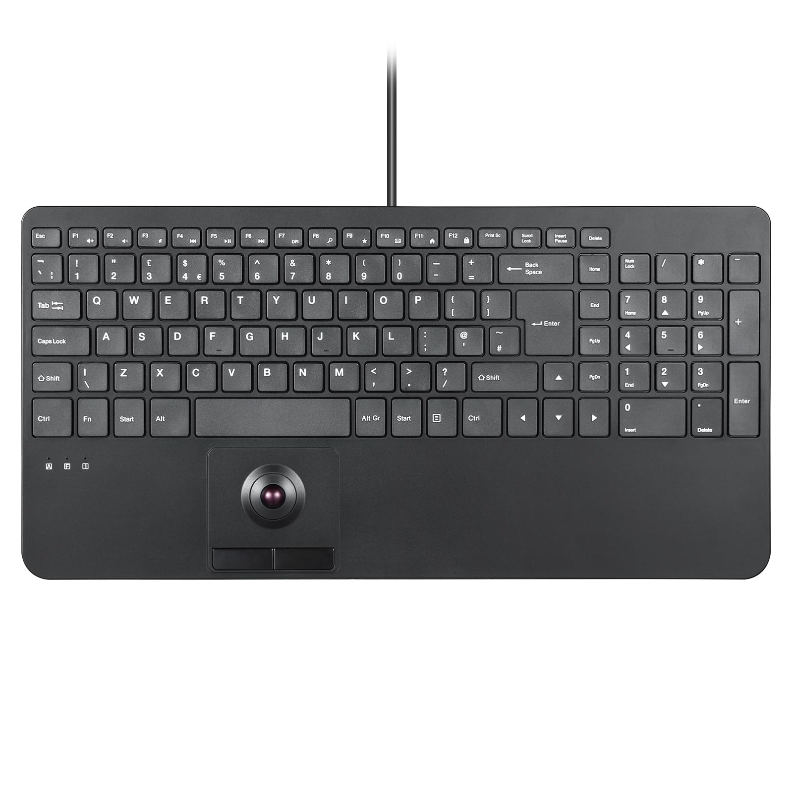 صفحه کلید کابلی Perixx PERIBOARD-538 با توپ‌موس - کلیدهای اسکیسور برای تایپ بی‌صدا - شامل پد عددی ادغام شده و 2 پورت USB - طراحی فشرده با ابعاد 39.7x19.8x3.9 سانتی‌متر، با طرح QWERTY بریتانیایی