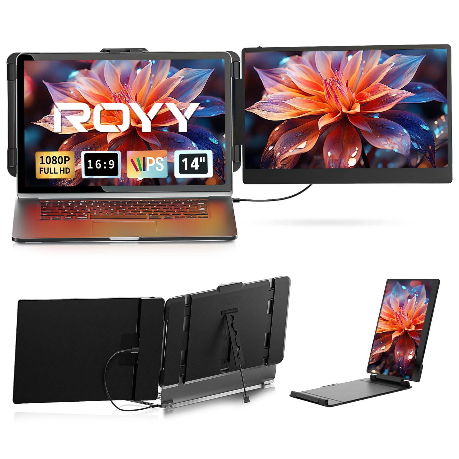 توسعه دهنده صفحه نمایش دو مانیتوری لپ تاپ ROYY - مانیتور قابل حمل 14 اینچی IPS FHD 1080P نمایش صفحه اضافی اتصال از طریق پورت USB-C/HDMI سازگار با ویندوز مک دکس کروم ورک