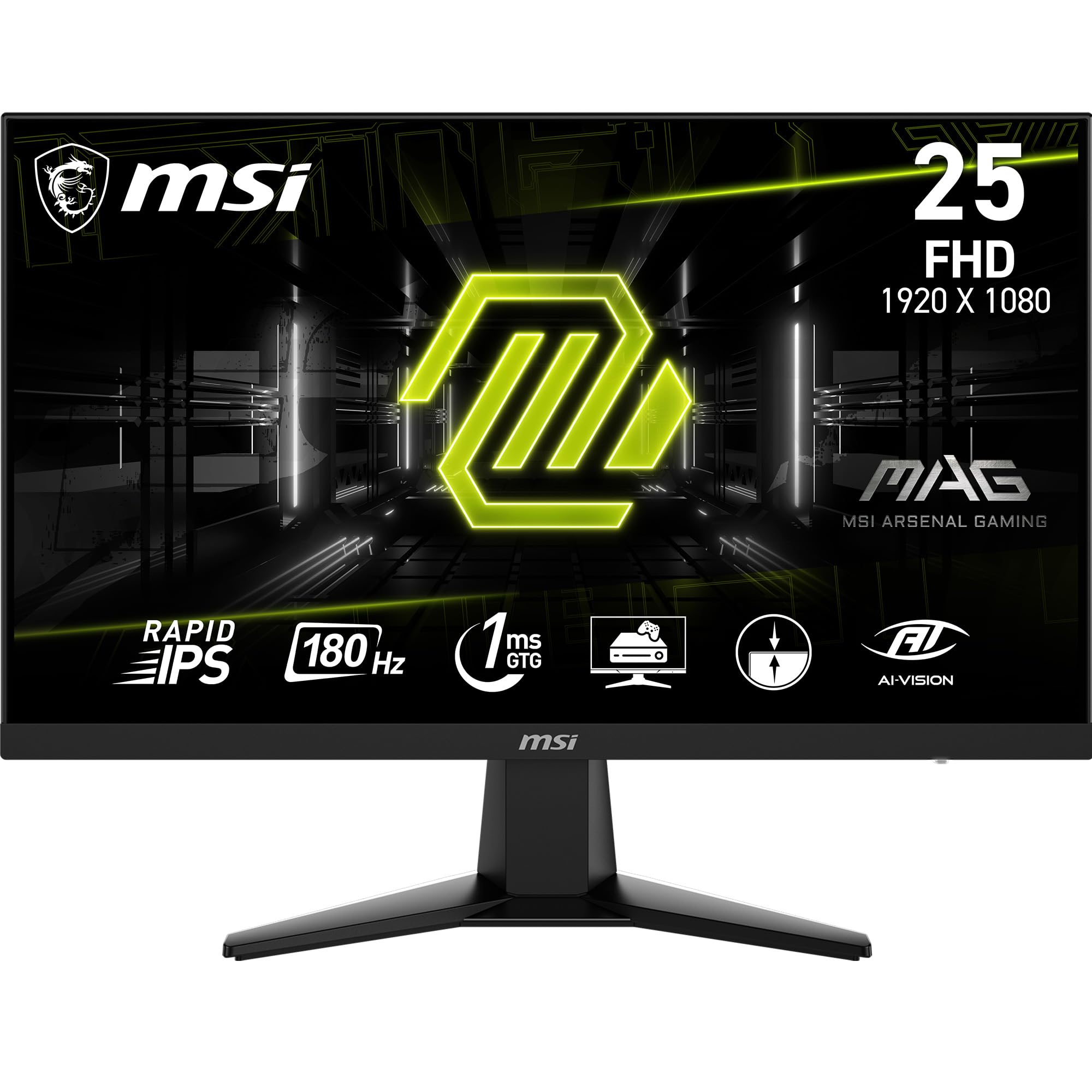 مانیتور کامپیوتر MSI G256F 25 اینچی با رزولوشن 1920 در 1080 (فول اچ‌دی)، 180Hz، Adaptive-Synch، HDMI، DisplayPort، قابل نصب بر روی VESA، قابلیت تنظیم ارتفاع، بلندگو، زمان پاسخ‌دهی 1ms، رنگ مشکی