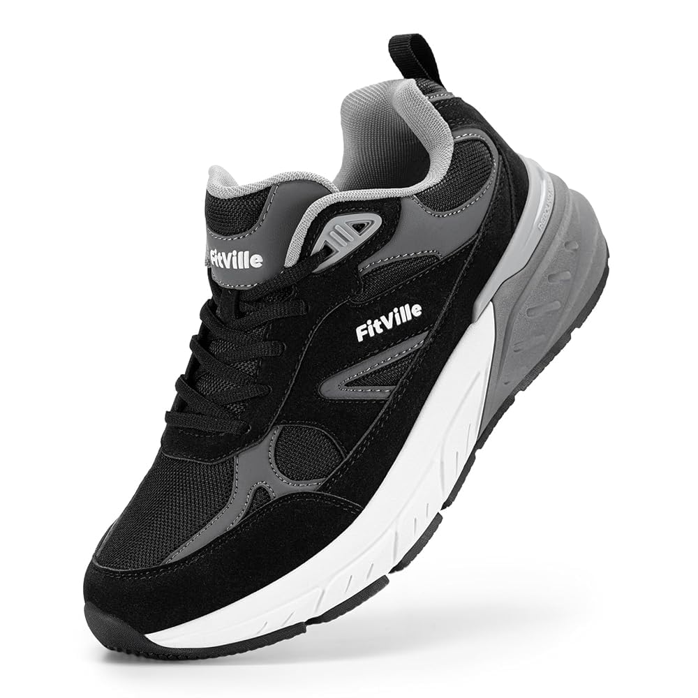 FitVille Wide Walking Shoes for Men Extra Wide Width Sneakers with Arch Support for Flat Feet Heel Pain Relief Plantar Fasciitis - Rebound NEO V1 42.5 EU Wide Black/Slate Grey