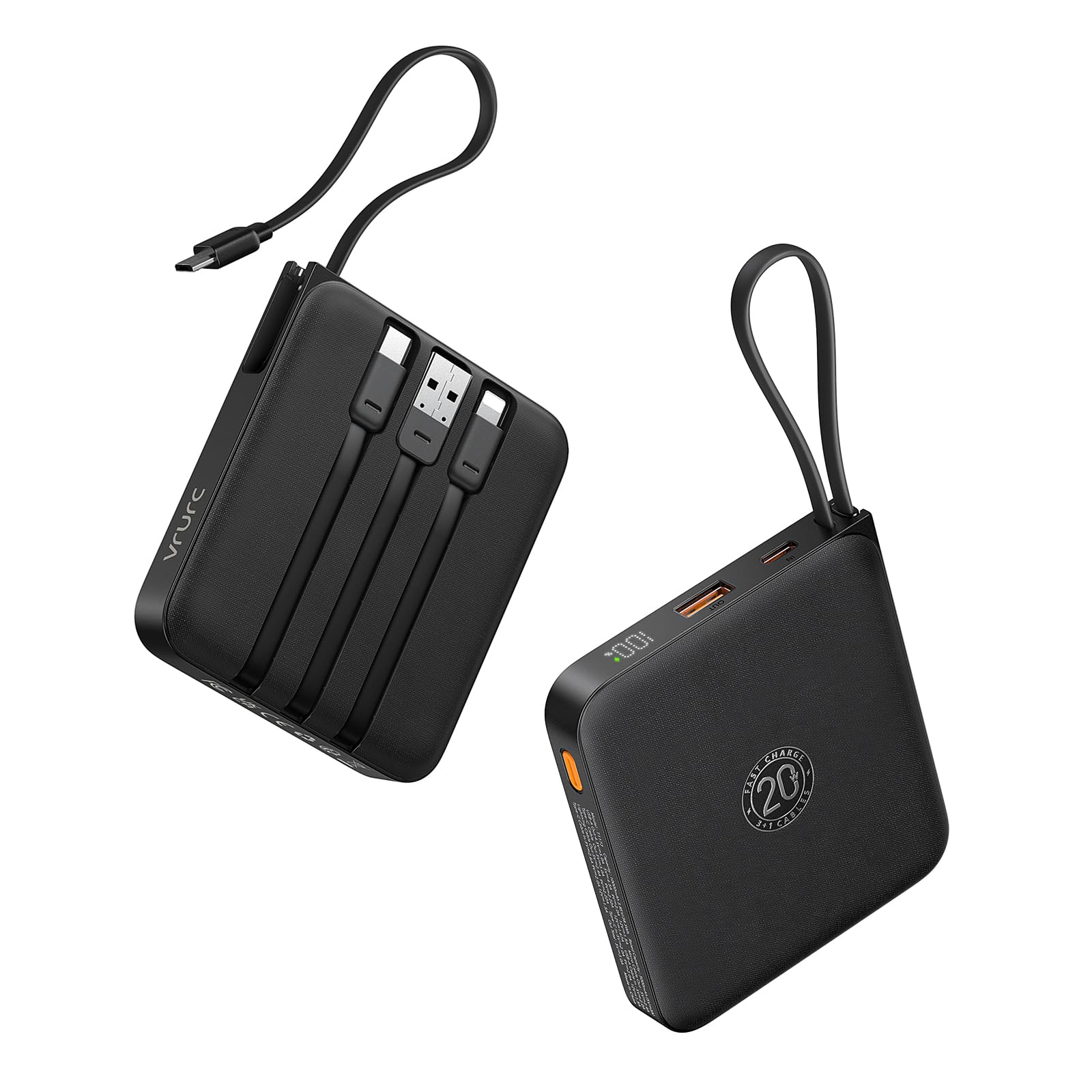 شارژر قابل حمل VRURC با کابل داخلی، باتری 10000mAh 22.5W شارژ سریع USB C، پک باتری تلفن همراه نمایشگر LED سازگار با iPhone 15 14 Galaxy S23 Google Pixel Android Tablet Black