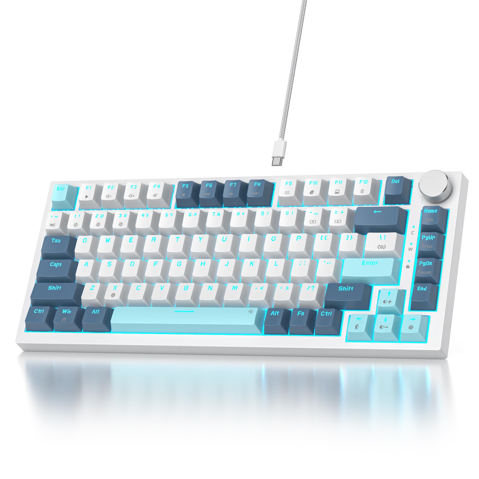کیبورد مکانیکال با اسویچ قرمز، قابلیت تعویض گرم، با نورپردازی RGB و کنترل دستی با دسته برای ویندوز لپتاپ با عکس العمل سریع ۷۵ درصد، مدل ۸۲ سفید