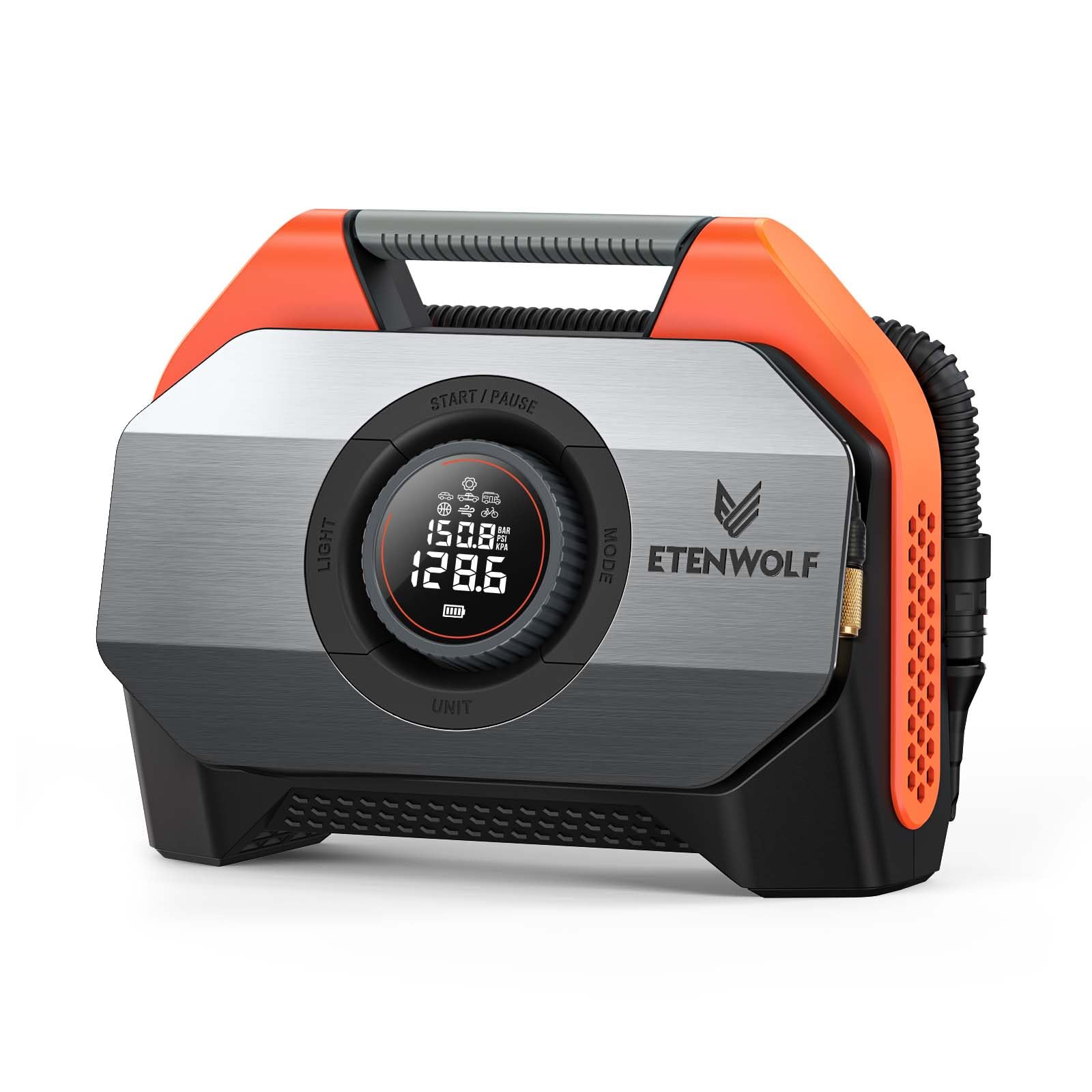 ETENWOLF S6-19200 mAh پمپ هوای الکتریکی، فشار 11.03 بار / 160 PSI کمپرسور با باتری و LED، کمپرسور الکتریکی تنها در 1 دقیقه برای فشرده سازی سریع، 7 حالت با چراغ LED برای دوچرخه، اتومبیل، موتورسیکلت و توپ
