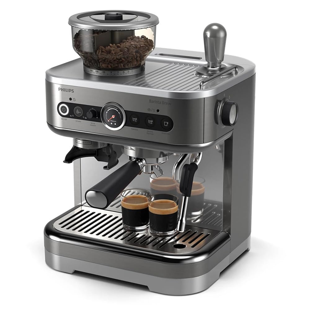 ماشین اسپرسو نیمه‌اتوماتیک Philips Barista Brew - ظرف دوگانه کره کافی 280 گرمی، فیلتر پورتافیلتر استیل، دکمه آمریکانو، کویرک جنگل شیر 450 میلی‌لیتری، آسیاب کانیکال متال، عقربه فشار - مدل PSA3228/01