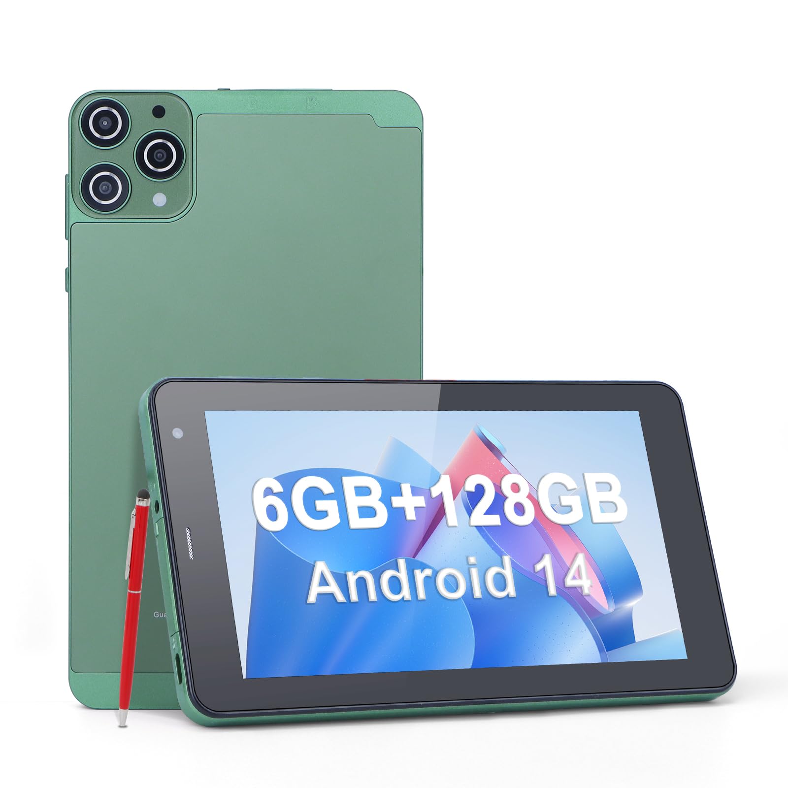 تبلت C با ایده 5G LTE با شیار کارت SIM، تبلت 7 اینچی اندروید 12، 6 گیگابایت رم، 128 گیگابایت حافظه داخلی، قابل گسترش به 512 گیگابایت - دوربین دوگانه 13 مگاپیکسلی، باتری 6000 میلی آمپر - شامل قاب حفاظتی و قلم (سبز)