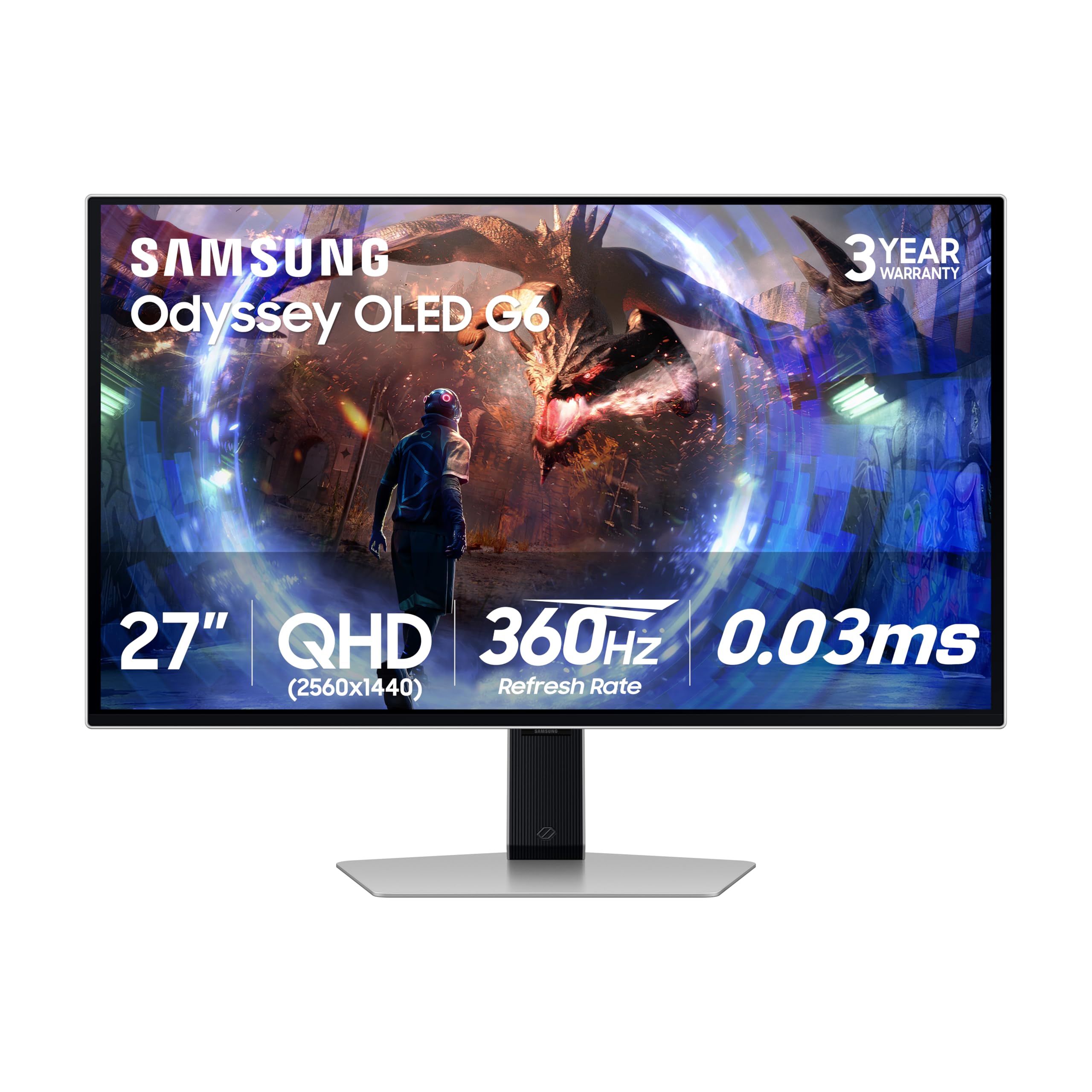 صفحه نمایش بازی سری SAMSUNG 27 اینچ Odyssey G6 (G60SD) OLED با QHD 360Hz 0.03ms، ضد براق، طراحی فلزی شکیل، LS27DG602SNXZA، 2024