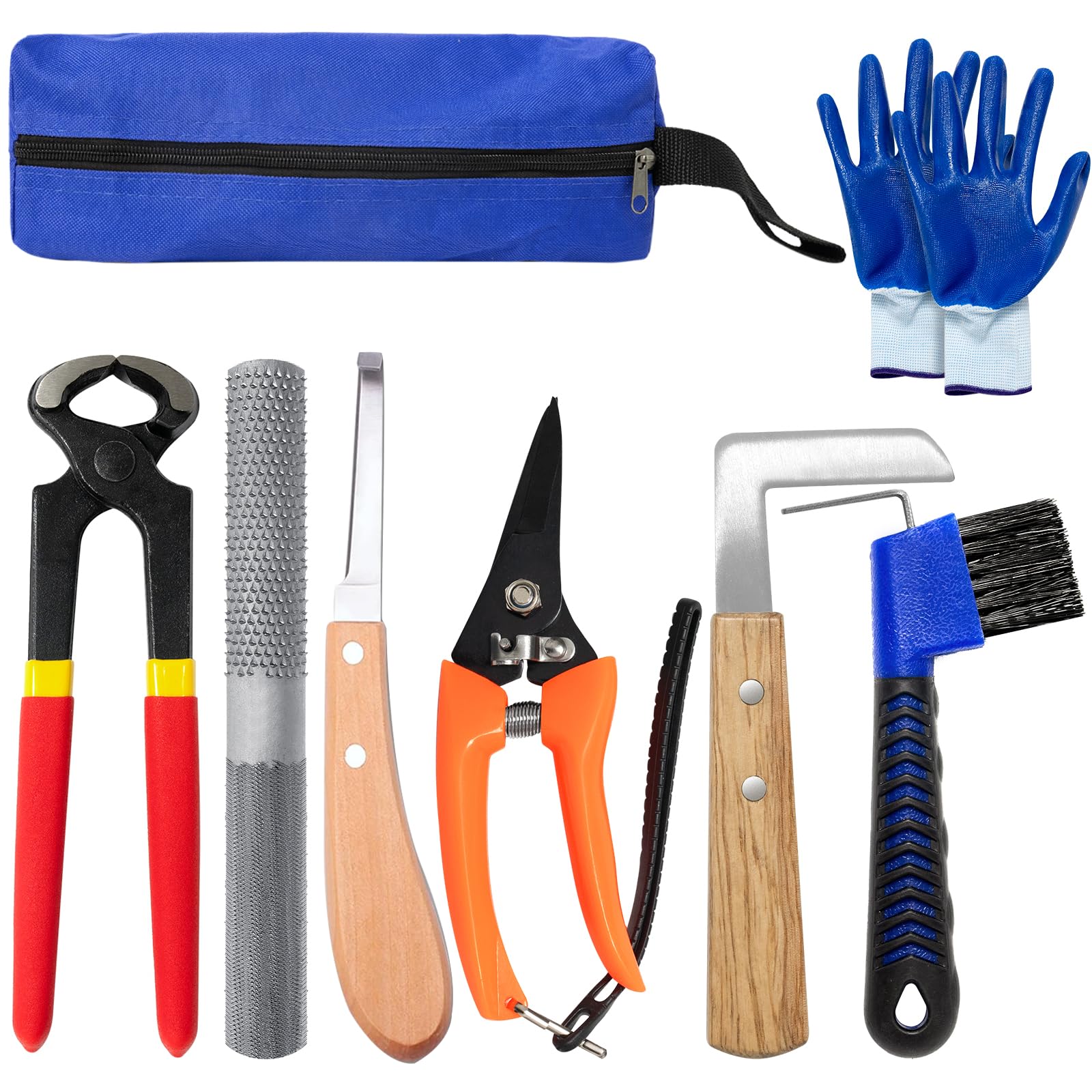 "8 اینچ Farrier Tools Kit (8 قطعه) ابزارهای اسب و بز برش ناخن فولاد کربنی نیپره قیچی، قیچی ناخن، رسپ کوچک، چاقوی برش ناخن، فایل برای گوسفند خوک الاغ لوازم تجهیزات اسب با کیف ذخیره سازی"