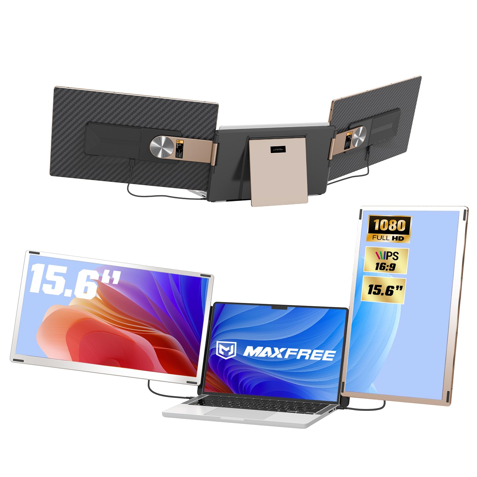 نمایشگر اضافی لپ تاپ Maxfree، 15.6 اینچ [FHD 1080P IPS] تریپل مانیتور قابل حمل، 2 صفحه قابل جداشدن برای حالت‌های چندگانه نمایشگر لپ تاپ قابل افزایش سازگار با لپ تاپ‌های 13 اینچ تا 17 اینچ (مک، ویندوز، اندروید) موفق به سازگاری با 15.6 اینچ تریپل اضافی صفحه نمایش شده است