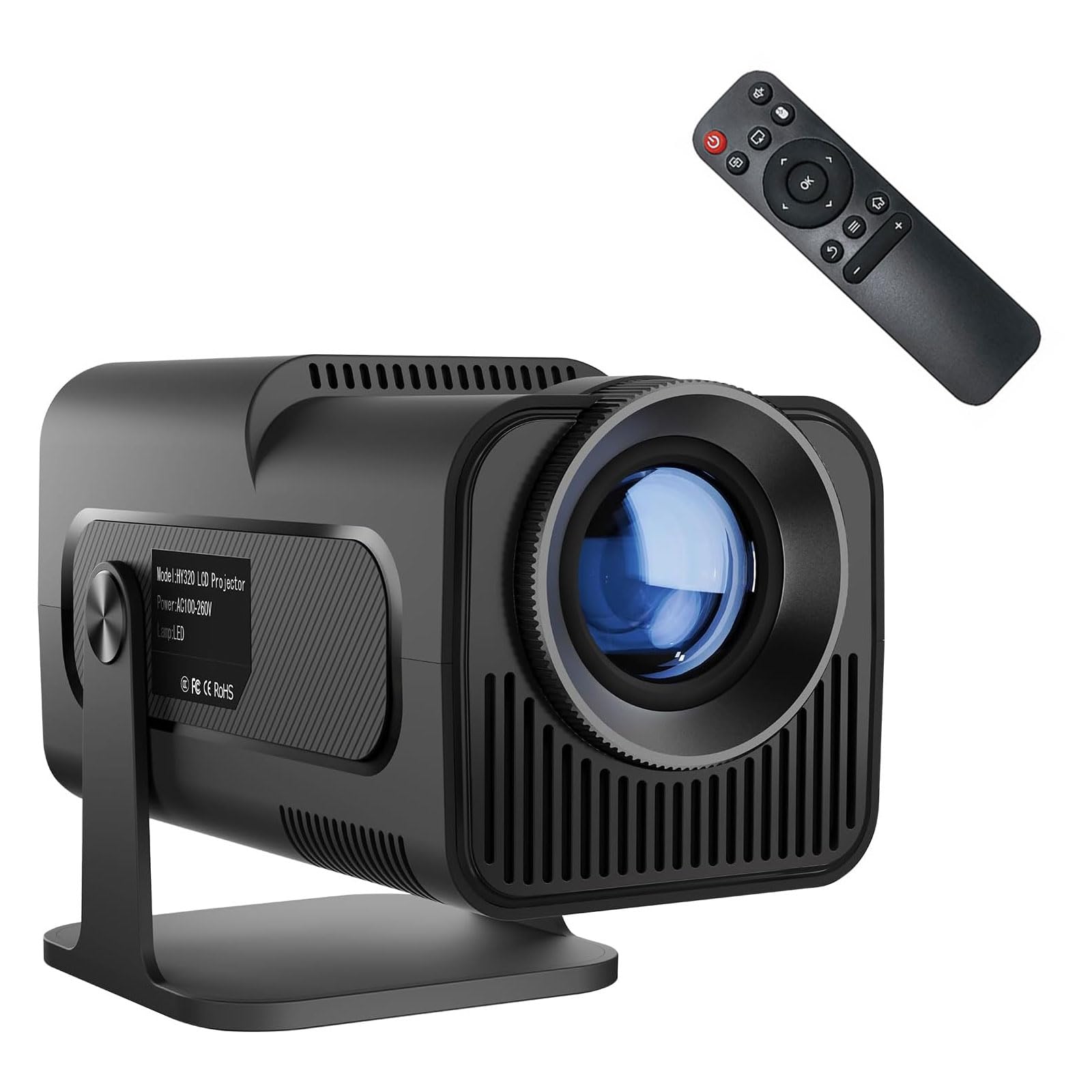 پروژکتور قابل حمل TECHVIDA HY320 Mini Auto Keystone، پشتیبانی از پخش تصاویر با کیفیت 4K FHD 1080P با 10000 لومن نور، دارای WiFi 6، BT 5.0، چرخش 180 درجه و سیستم عامل اندروید 11.0 و پلاگ انگلیسی UK است.