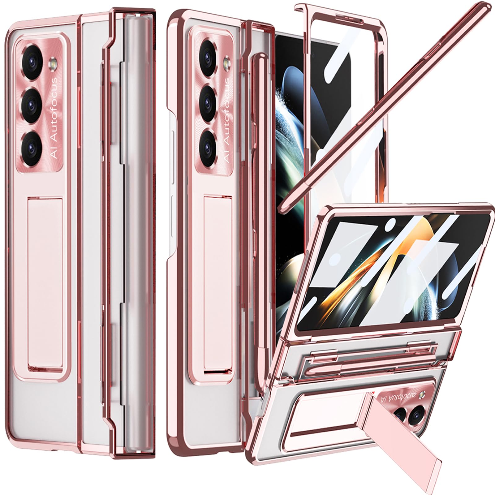 کاور تلفن تاشوی سامسونگ Galaxy Z Fold 6 با S Pen و دارنده S Pen، پنج در یک کیک استند هینج نگه دارنده صفحه نمایش پشتیبانی از S Pen شفاف کاور تلفن برای کاور Samsung Galaxy Z Fold 6 با استند - رزگلد رزگلد Fold 6