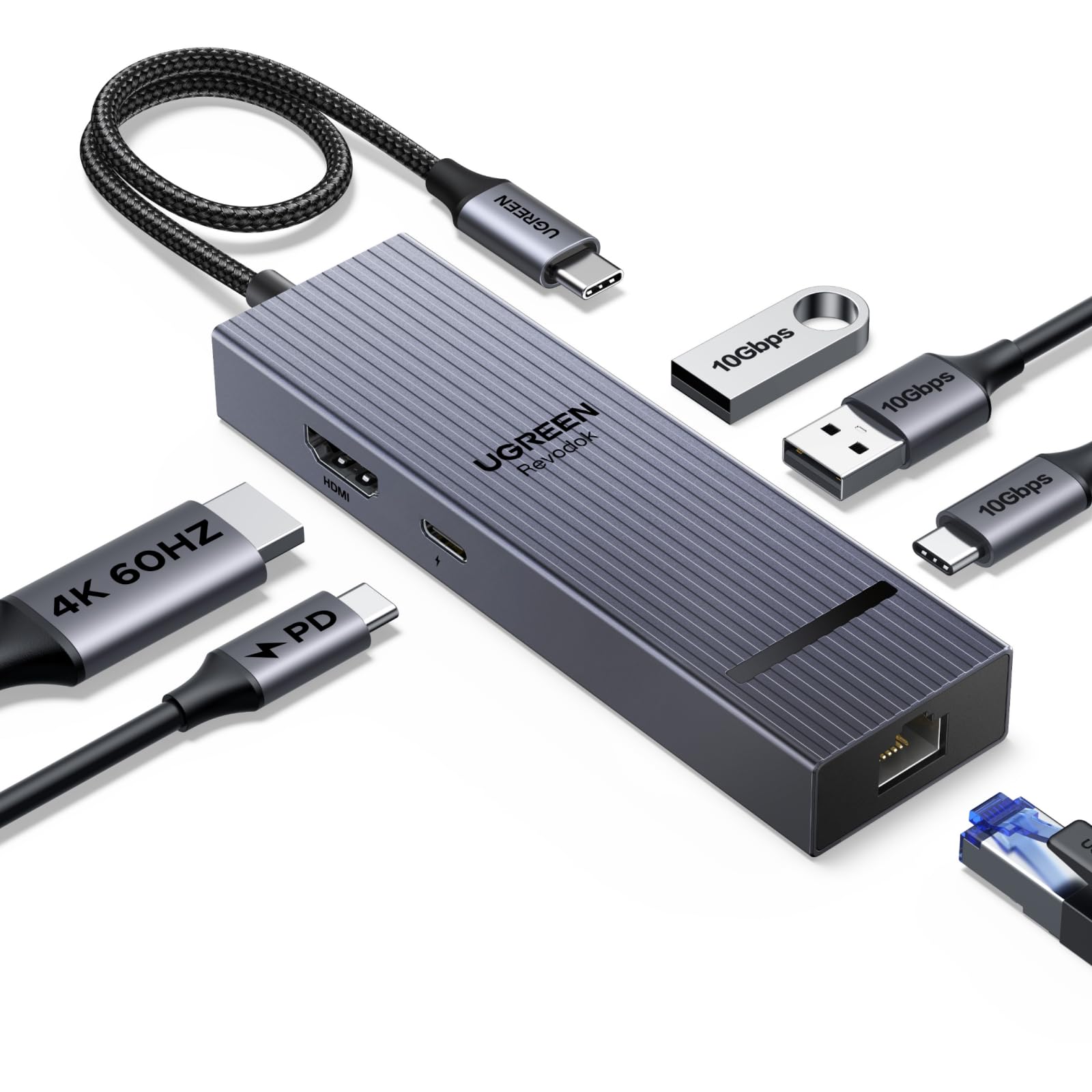 هاب یوجین USB C 6 در 1، اترنت، HDMI 4K 60هرتز، PD، USB C و A با سرعت 10Gbps