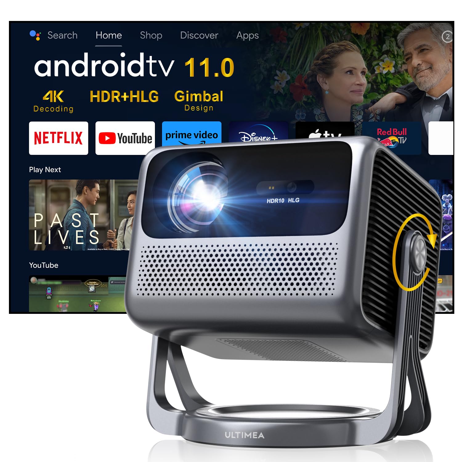 ULTIMEA Smart پروژکتور با Android TV 11.0 و Netflix، 4K با WiFi و Bluetooth 5.3، پروژکتور سینمایی خانگی ضد گرد و غبار با صدای Dolby، ایستاده Gimbal، 600 ANSI HDR + HLG، نووا C40