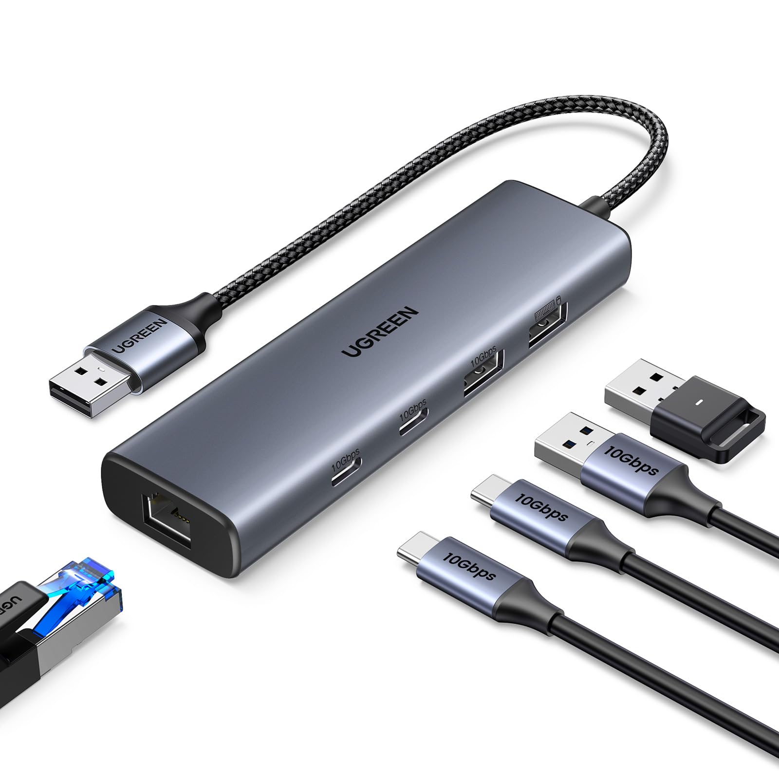 آداپتور یوجین USB به اترنت، هاب 5 در 1 USB به اترنت با 2* USB-C 3.2 (10Gbps) + 1*USB-A 3.2/1*USB-A 2.0/Gigabit RJ45، تاندربولت (3/4) به دانگل شبکه LAN برای لپتاپ، مک‌بوک پرو/ایر، ایکس‌پی‌اس