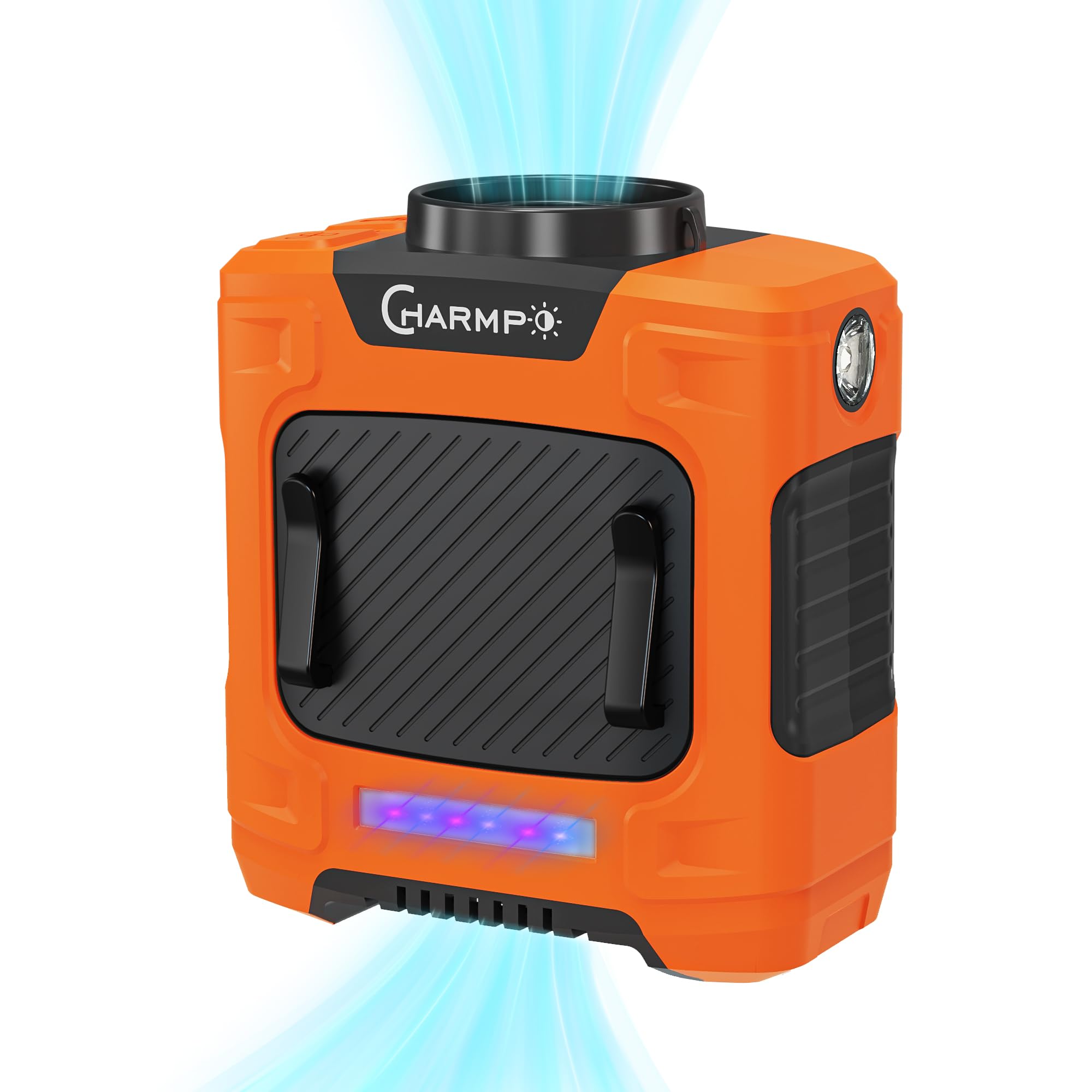 پنجره كمري CHARMPㅤ - بادگير گردن قابل حمل با باتري 10000mAh، زمان كاركرد 24 ساعته، چراغ SOS LED، 3 سرعت، جريان هواي قوي 15500RPM - باد گردني ايده آل براي محل كار، كشاورزي، ماهيگيري نارنجي روشن