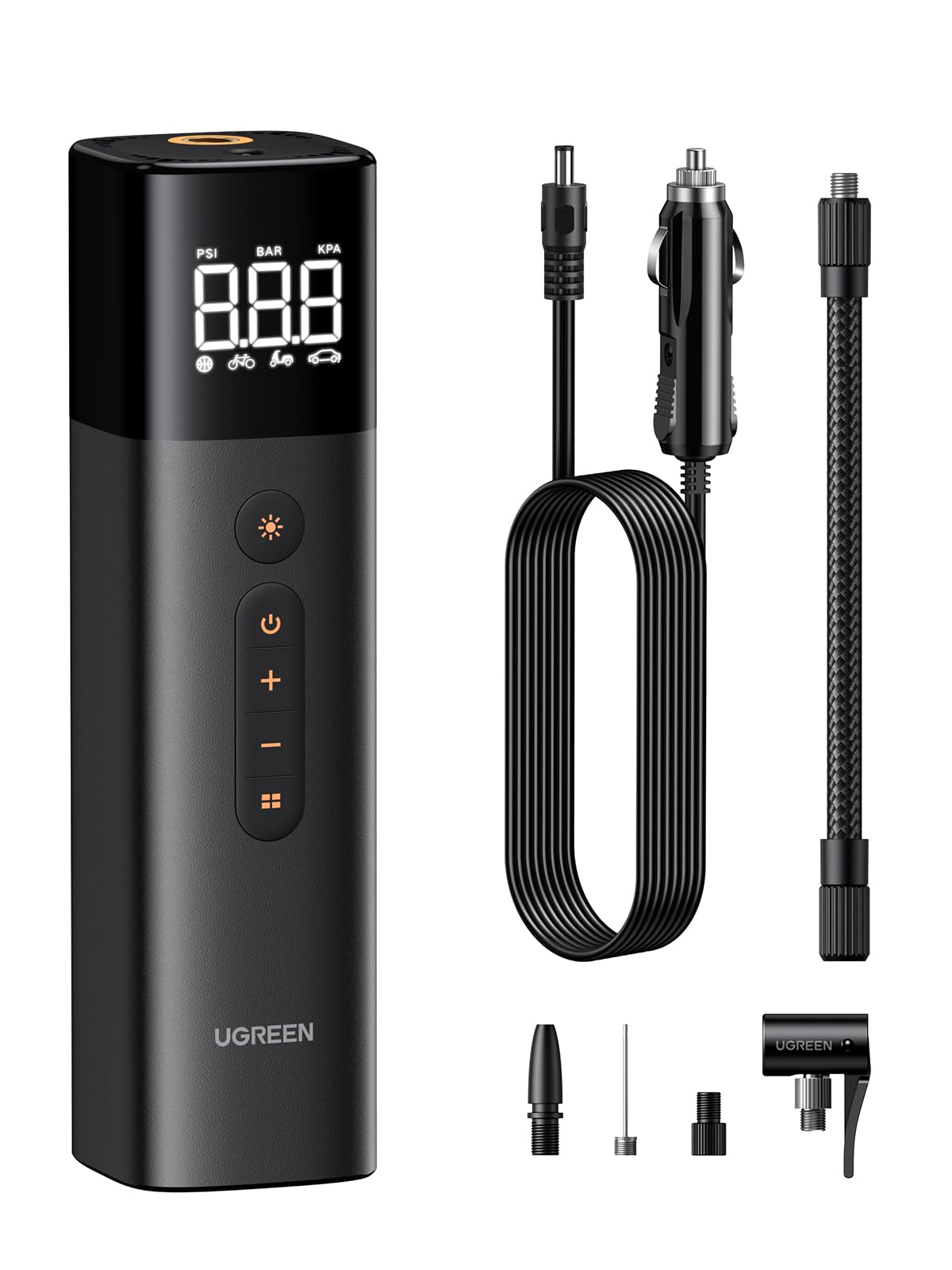پمپ هوای الکتریکی UGREEN Tire Inflator (0.2-10.3 بار / 3-150 پی اس آی)، کمپرسور هوای قابل حمل، پمپ هوا کوچک با نمایشگر LED دیجیتال، چراغ LED برای دوچرخه ها، موتورسیکلت ها و اتومبیل ها مدل قابل حمل کوچک