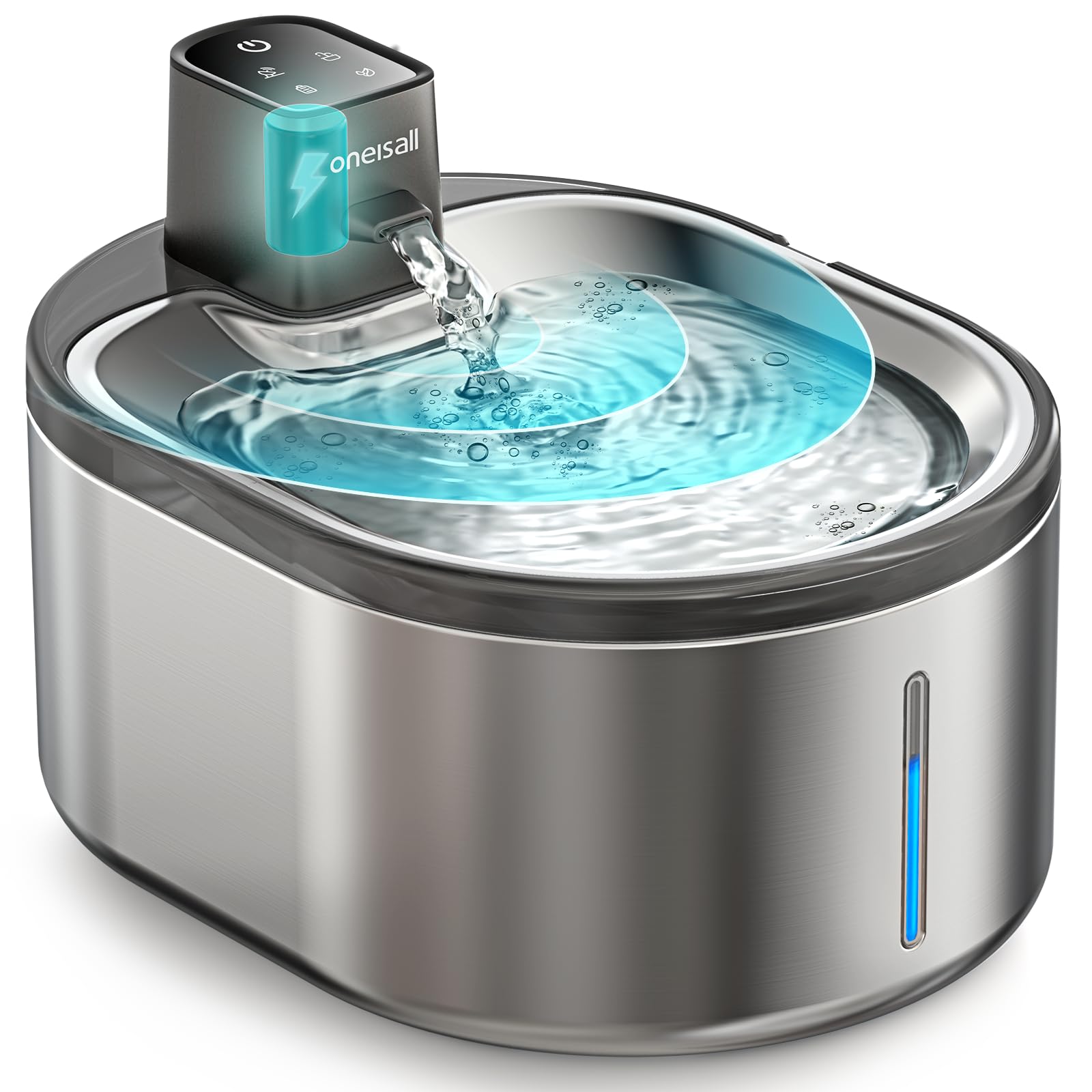 فواره آب گربه با باتری Oneisall - 4L بی‌سیم استیل ضد زنگ با سنسور حرکت، ظرف بی‌سیم 3000mAh، بسیار ساکت، بدون BPA - فواره 4 لیتری بی‌سیم