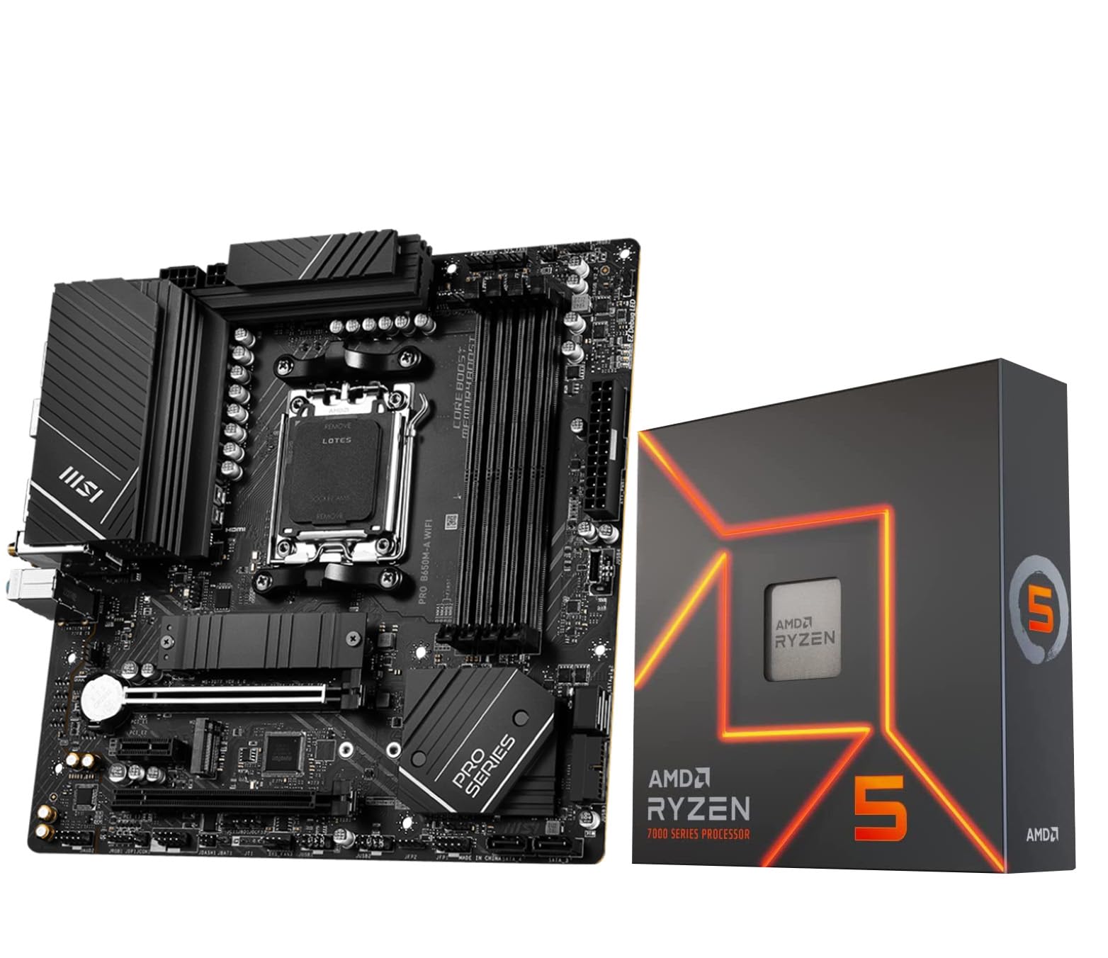 مایکروسنتر ارتش AMD Ryzen 5 7600X پردازنده CPU Bundle با مادربورد MSI PRO B650M-A WiFi ProSeries (AM5، mATX، DDR5، M.2، USB 3.2 Gen 2، Wi-Fi 6E)عرضه می شود، توسط مایکرو سنتر AMD Ryzen 5 7600X + MSI PRO B650M-A WiFi PRO