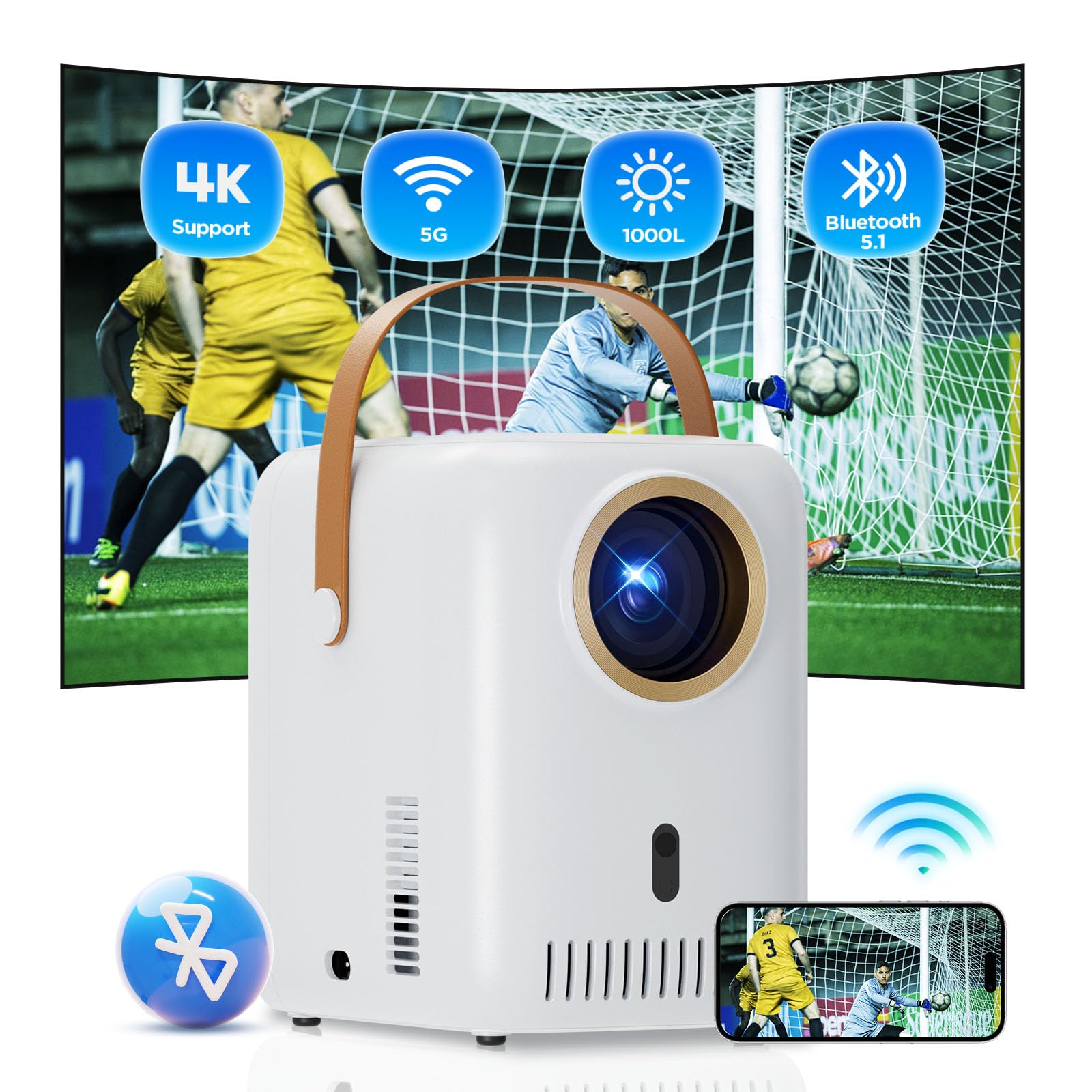 Projector Car Focus/Keystone Correction, 5G WiFi Bluetooth 1080P with 4K, LED Home Cinema Video Projector 150 Inch 12000 Lumen Display Projector, Outdoor Projector for iOS/Android/TV Stick/Laptop E21 White