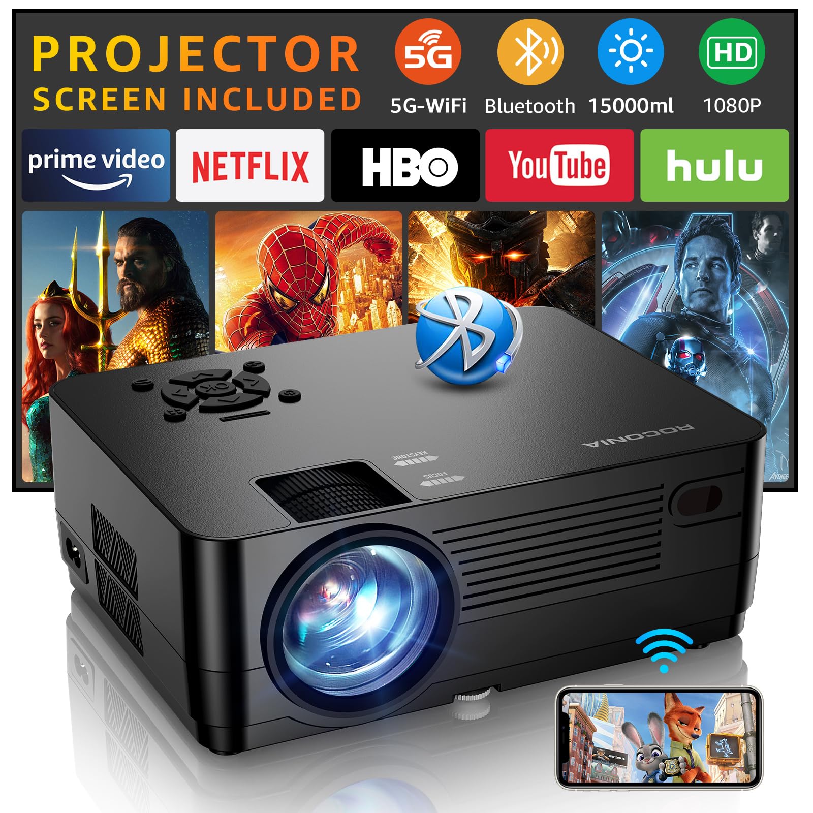 پروژکتور با وای فای 5G و بلوتوث، پروژکتور نیتیو 1080P [صفحه پروژکتور همراه]، پروژکتور فیلم Full HD 18000LM، پشتیبانی از نمایش 300 اینچ 4k هوم تئاتر، سازگار با تلفن / لپ تاپ / تی وی استیک