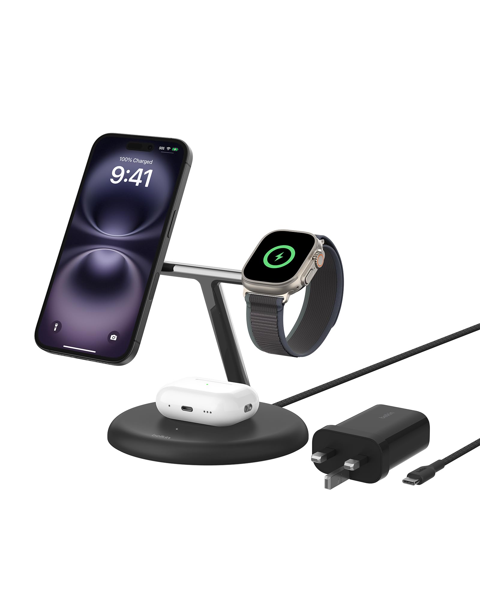 باشگاه شارژ بی‌سیم Belkin 3 در 1 با مغناطیسی MagSafe سازگار با Qi برای شارژ سری iPhone 16، 15، 14 و 13، AirPods، Apple Watch و موارد دیگر (منبع تغذیه ارائه شده) - مشکی