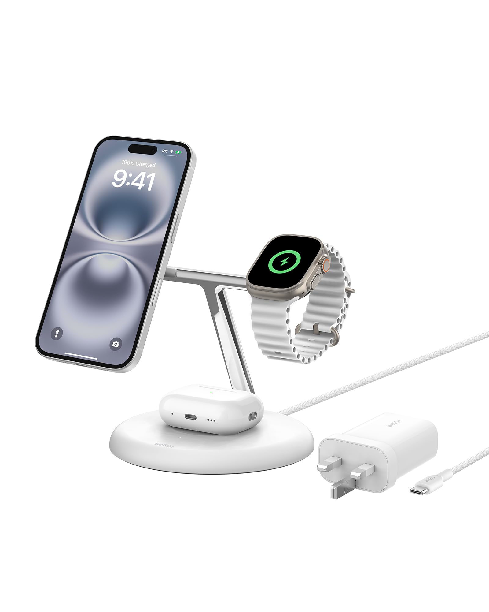 ایستگاه شارژ بی‌سیم Belkin 3 در ۱ با استاندارد MagSafe مگنتی، سازگار با Qi2 ۱۵ وات، شارژ سریع برای آیفون های سری 16، ۱۵، ۱۴، و ۱۳، AirPods، ساعت هوشمند اپل و دیگر محصولات (کابل برق ورودی در پکیج) - رنگ سفید سفید ۳ در ۱ - ورژن ۳ (۲۰۲۴)