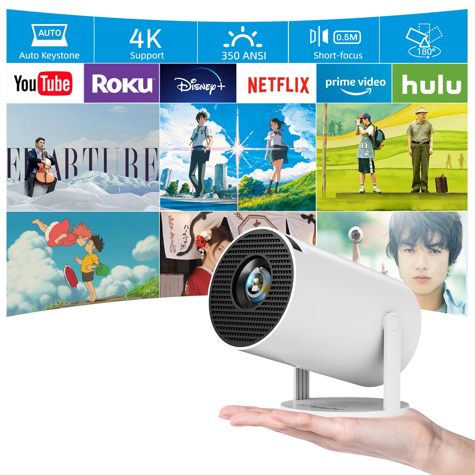 دستگاه پخش مینی هوشمند DwellDreams با Android TV، پایه قابل تنظیم 180 درجه، WiFi و بلوتوث، پشتیبانی 4K، کی‌استون خودکار، پخش‌کننده سقف قابل حمل برای iOS و Android Android HY300 Pro سفید