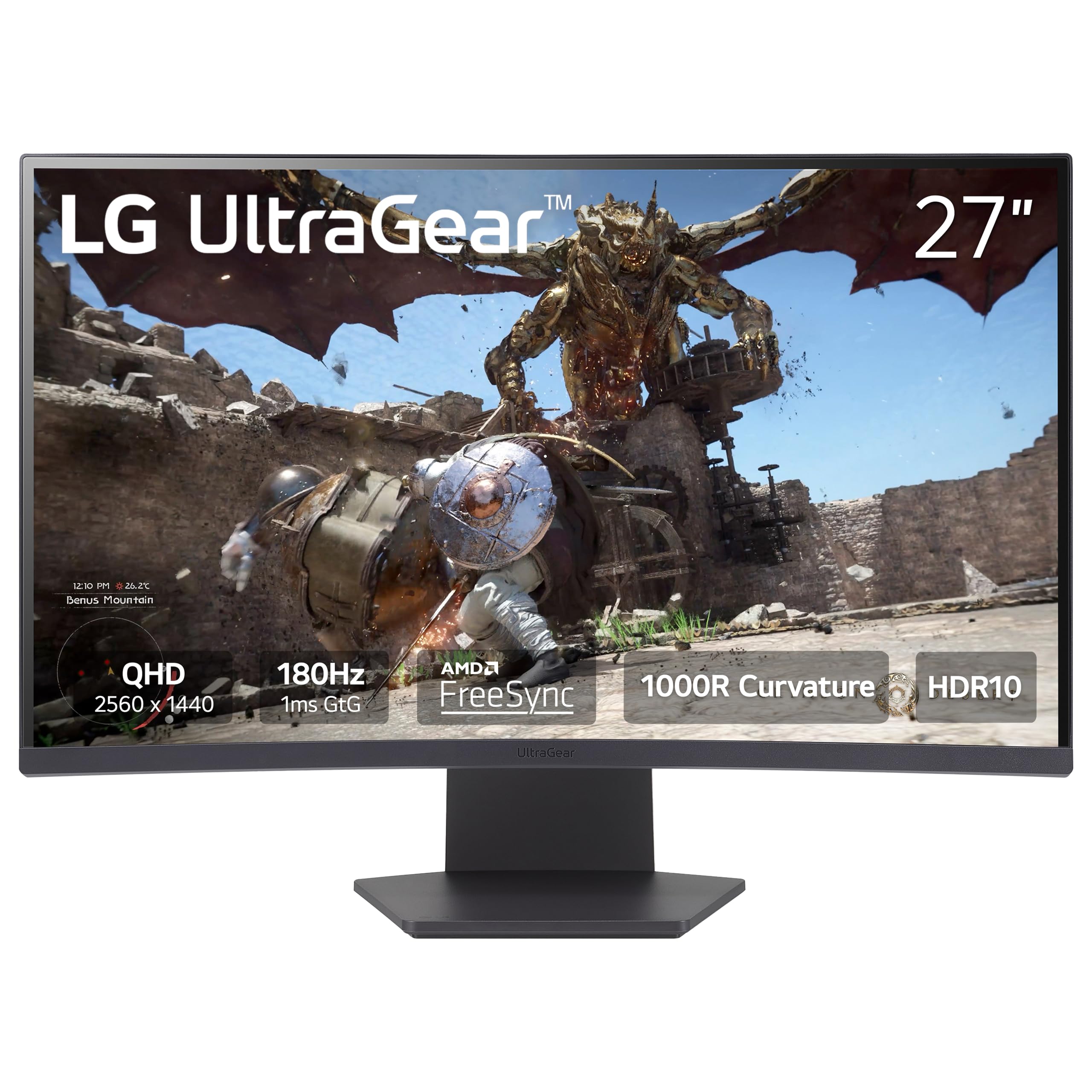 مانیتور بازی منحنی LG 27GS60QC-B Ultragear 27 اینچ QHD (2560x1440) 180Hz 1ms با قابلیت AMD FreeSync HDR10 HDMIx2 DisplayPort طراحی بدون حاشیه رنگ مشکی با ویژگی‌های Stabilizer DAS Crosshair FPS Counter سیاه 27 اینچ 180Hz