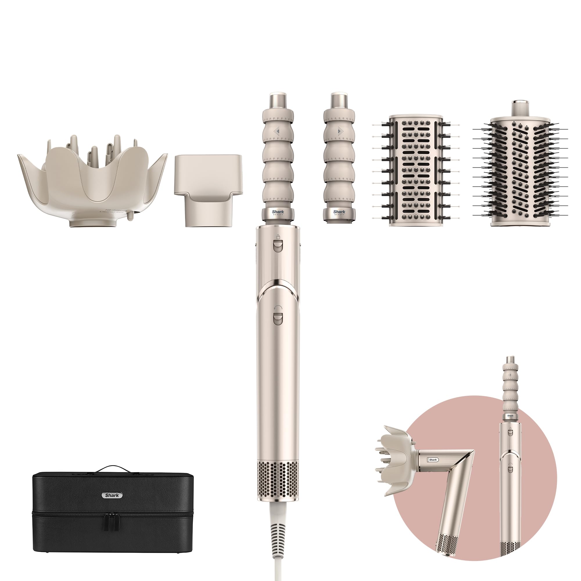 شارک FlexStyle 5-in-1 ایر استایلر و هیتر، آتو-رپ کرلر‌ها، برس تخت، برس بیضی، متمرکز‌کننده، دیفیوزر، کیس ذخیره‌سازی، بدون آسیب حرارتی، شمپاین HD446SLEU 5-in-1 شمپاین