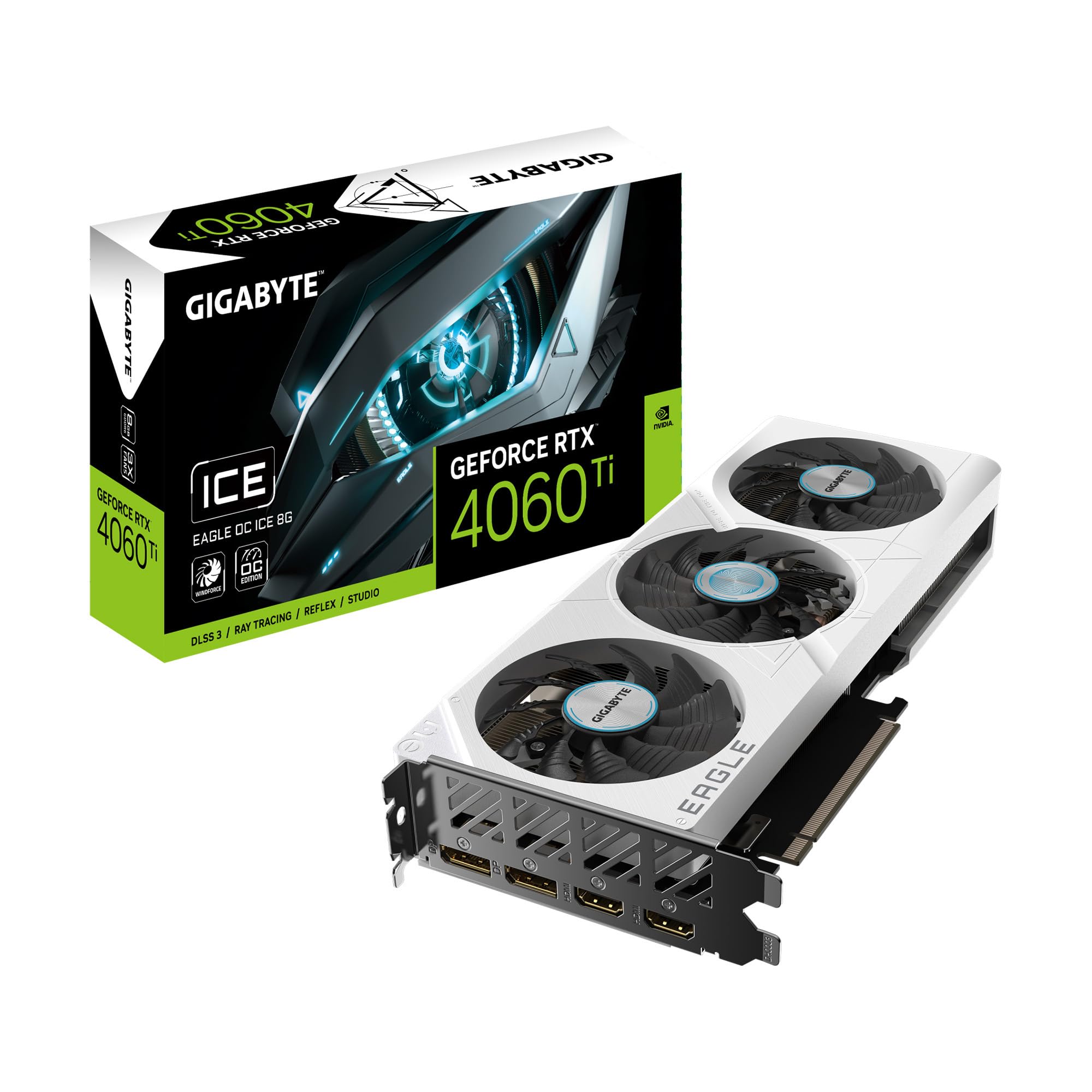 کارت گرافیک GIGABYTE GeForce RTX 4060 Ti Eagle OC ICE 8G، 3 پروانه ویندفورس، 8 گیگابایت 128 بیت GDDR6، کارت ویدیو GV-N406TEAGLEOC ICE-8GD