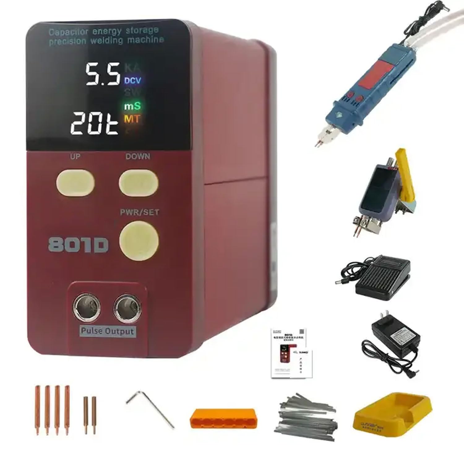 دستگاه جوشکاری اسپات باتری ذخیره‌سازی انرژی، دستگاه جوشکاری پالس هوشمند LED با قدرت 14.5 کیلووات، مجموعه ابزارهای جوشکاری نوعی فشاری با حسگری خودکار 0-99 تن و قابلیت کارکرد اندازه‌گیری 500 تا 2500 آمپر، مناسب برای کارخانه، آزمایشگاه، آموزش، الکترونیک و ساخت خودرو الکتریکی.