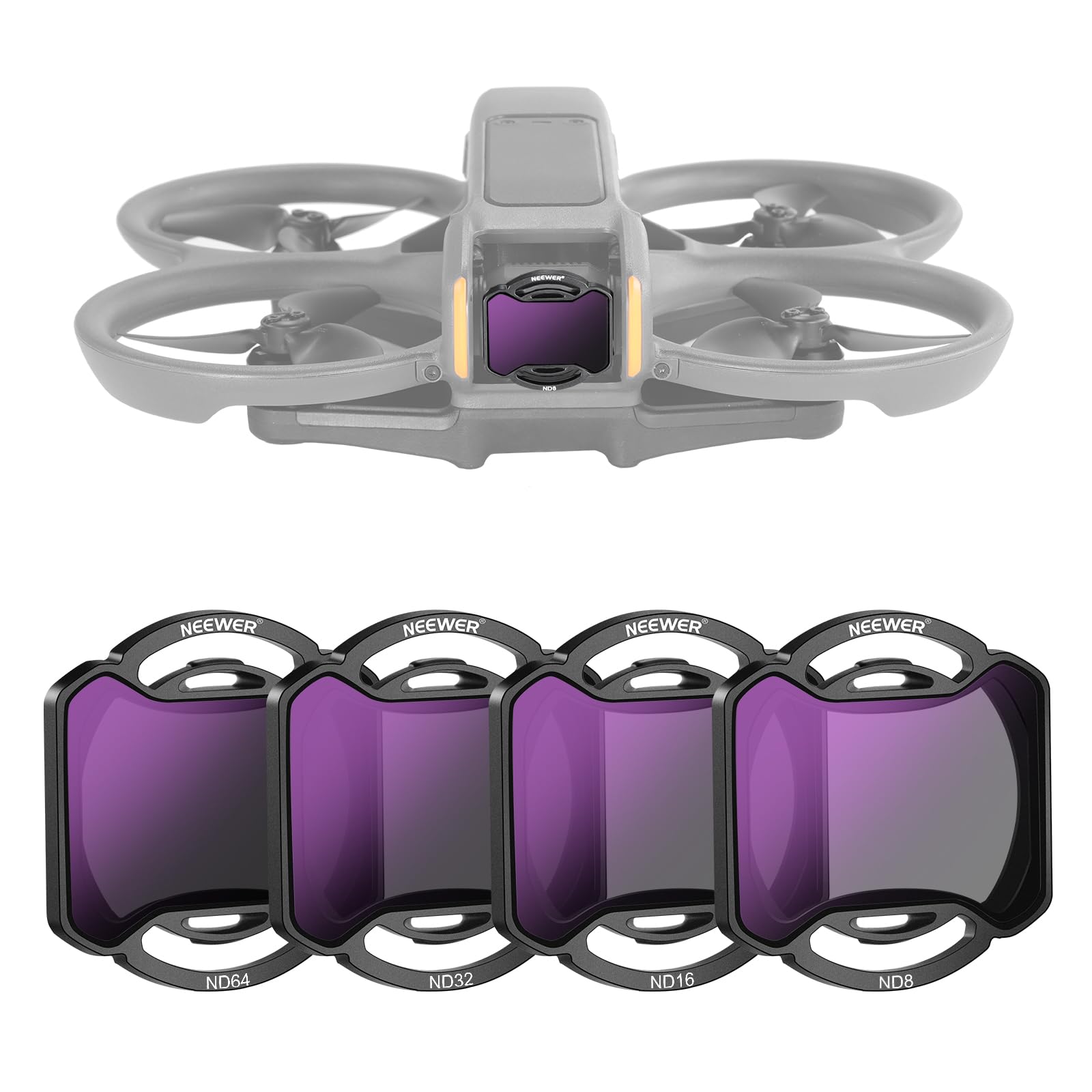 مجموعه فیلتر Snap On ND از NEEWER سازگار با DJI Avata 2، شامل 4 فیلتر Density Neutral ND8 ND16 ND32 ND64 فیلترهاي لنز دوربین، فریم بسیار نازک و شیشه HD مستحکم دو روکار مناسب