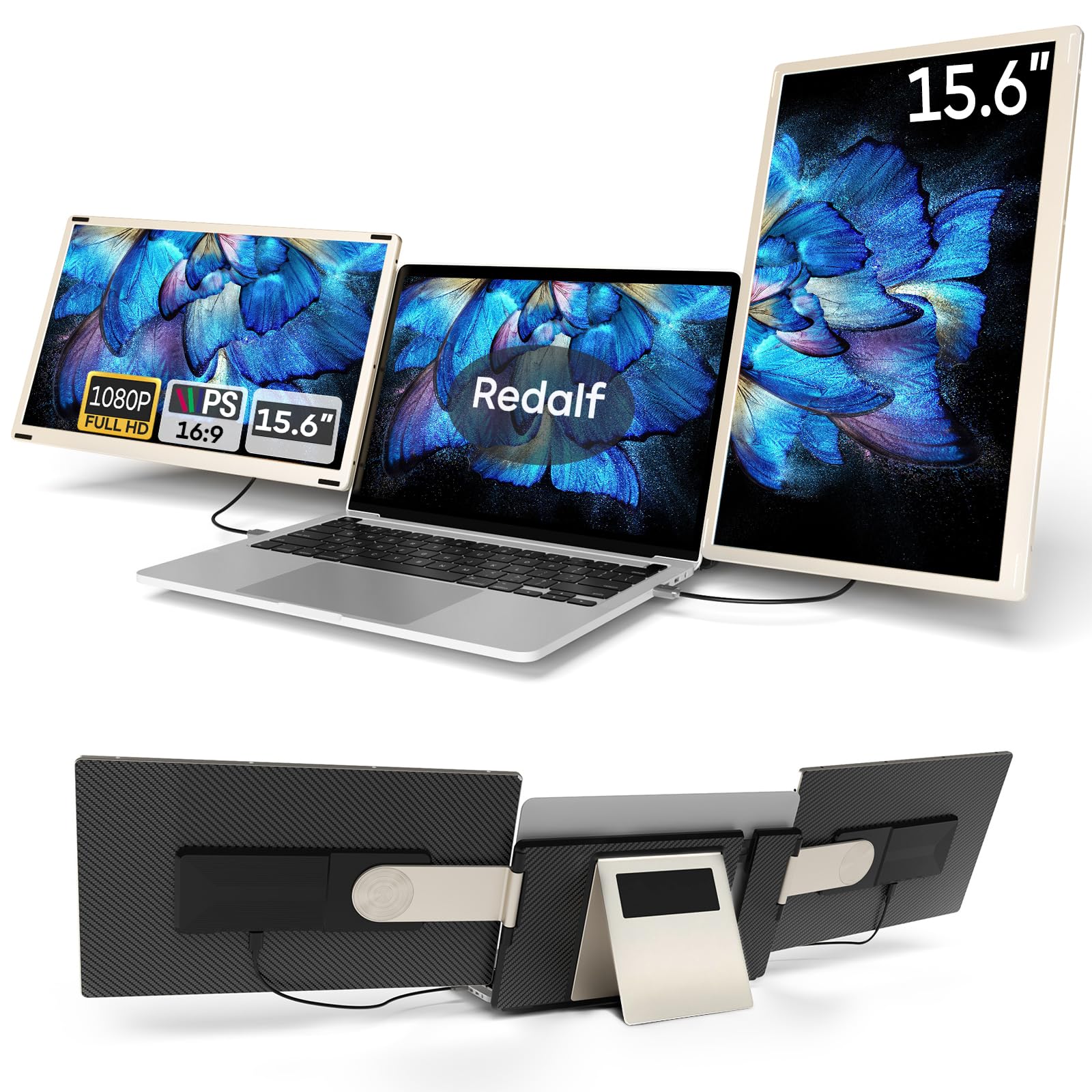 صفحه‌نمای لپ تاپ Redalf، مانیتور قابل حمل 15.6 اینچ، رزولوشن Full HD 1080P IPS، صفحه نمای چرخشی 360 درجه مناسب برای لپ تاپ‌های سه صفحه‌ای با ابعاد 13 تا 17 اینچ قابل استفاده با سیستم عامل‌های Mac/Wins/Android/Dex