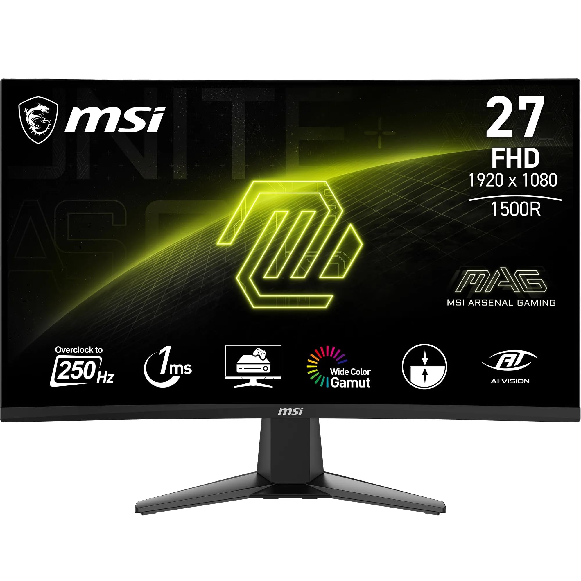 مانیتور بازی MSI MAG 27C6X 27 اینچ منحنی با کیفیت تصویر فول اچ‌دی - پنل VA 1920 × 1080 1500R، 250 هرتز (OC)/1 میلی‌ثانیه، Adaptive-Sync - پورت‌های DP 1.2a، HDMI CEC