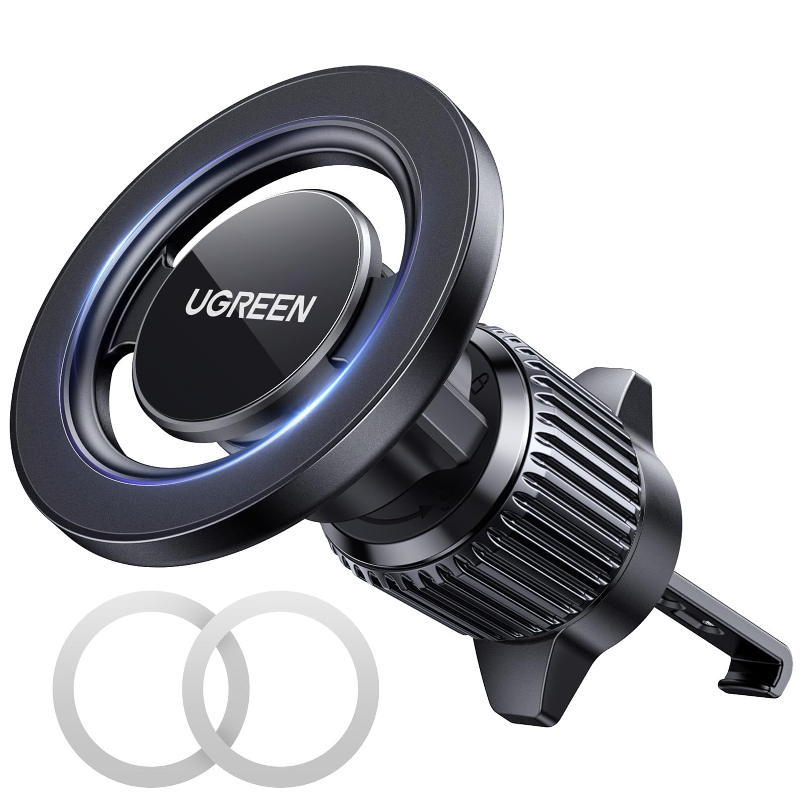 پایه موبایل خودروی UGREEN MagSafe Car Mount، [چرخش 360 درجه بسیار پایدار]، قفل خودکار با یک دست، بدون مسدود شدن تهویه هوا، لوازم جانبی نگهدارنده مغناطیسی موبایل، مناسب برای آیفون 16/15/14، سامسونگ S25/24/23/Z Flip MagSafe-Hook-Black