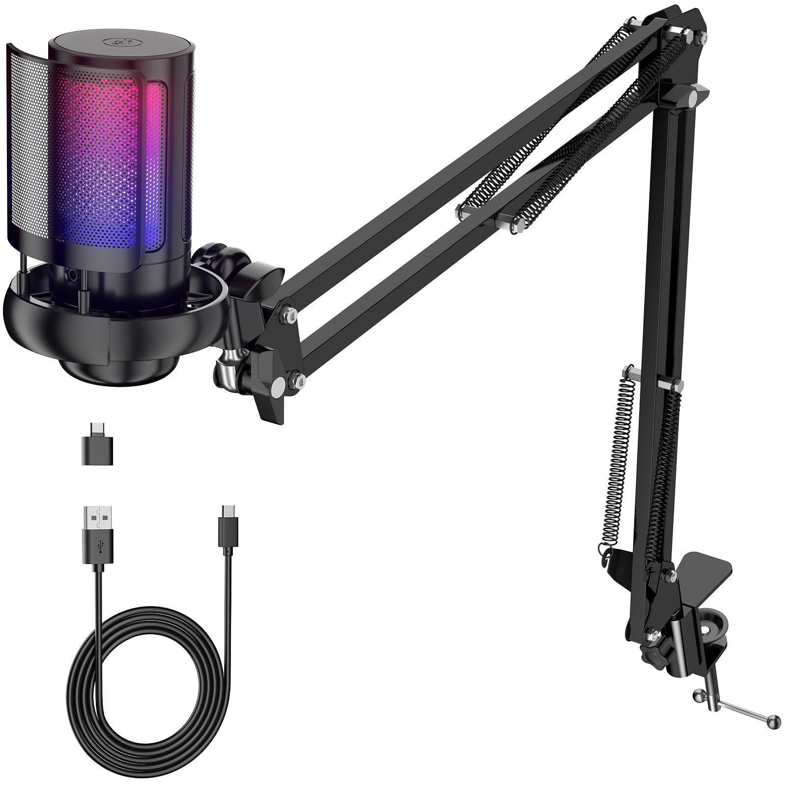 میکروفون بازی USB برای کامپیوتر، کیت میکروفون پادکست برای استریمینگ، میکروفن کاندنسر با سریع ساکت کردن، بازوی بوم، فیلتر صدا، نشانگر RGB، نگه‌دارنده شوک، دکمه چرخشی گین، سازگار با PS4/5/کامپیوتر ME6S