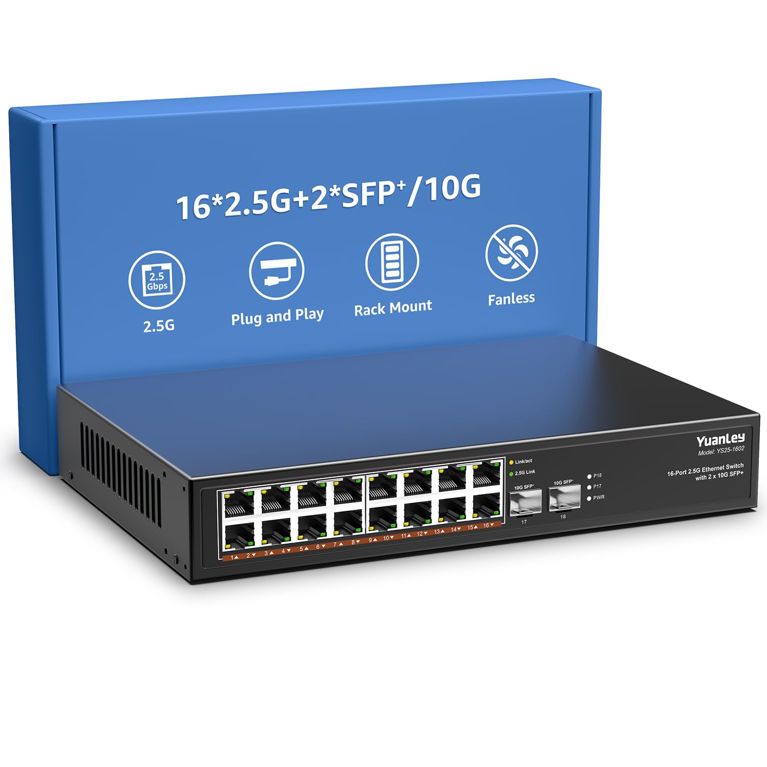 سوئیچ اترنت YuanLey 18 پورت 2.5G بدون مدیریت، 16 پورت Base-T 2.5Gb، 2 پورت 10G SFP+، سازگار با سرعت‌های 100/1000/2500Mbps، بدون فن و با بدون صدا، قابل نصب روی دسکتاپ/رک، سوئیچ شبکه 2.5Gbe برای ایستگاه‌های وایرلس AP و کامپیوتر، سوئیچ 16 پورت 2.5G